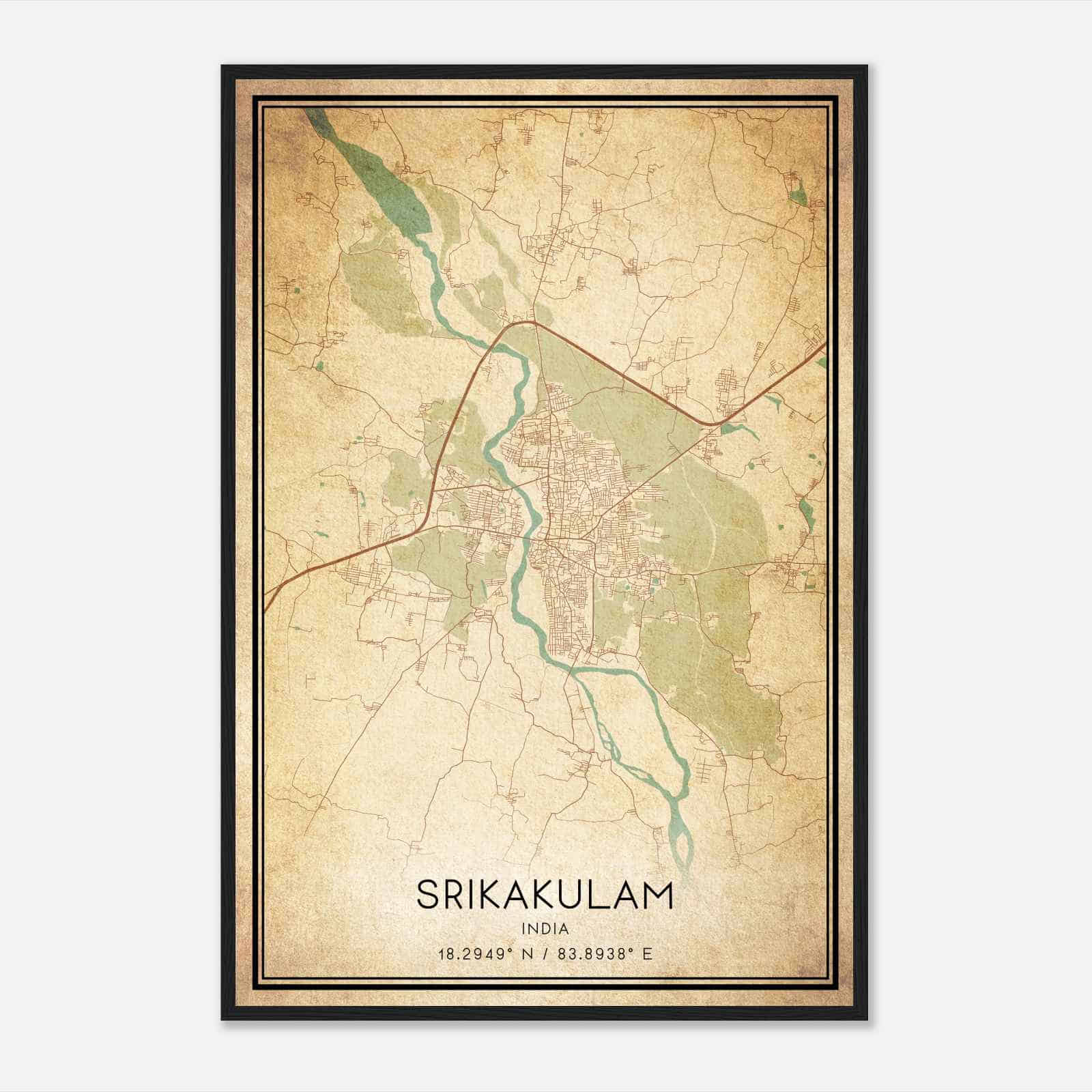 Vintage Srikakulam India Map Poster, Srikakulam City Road Wall Art Print