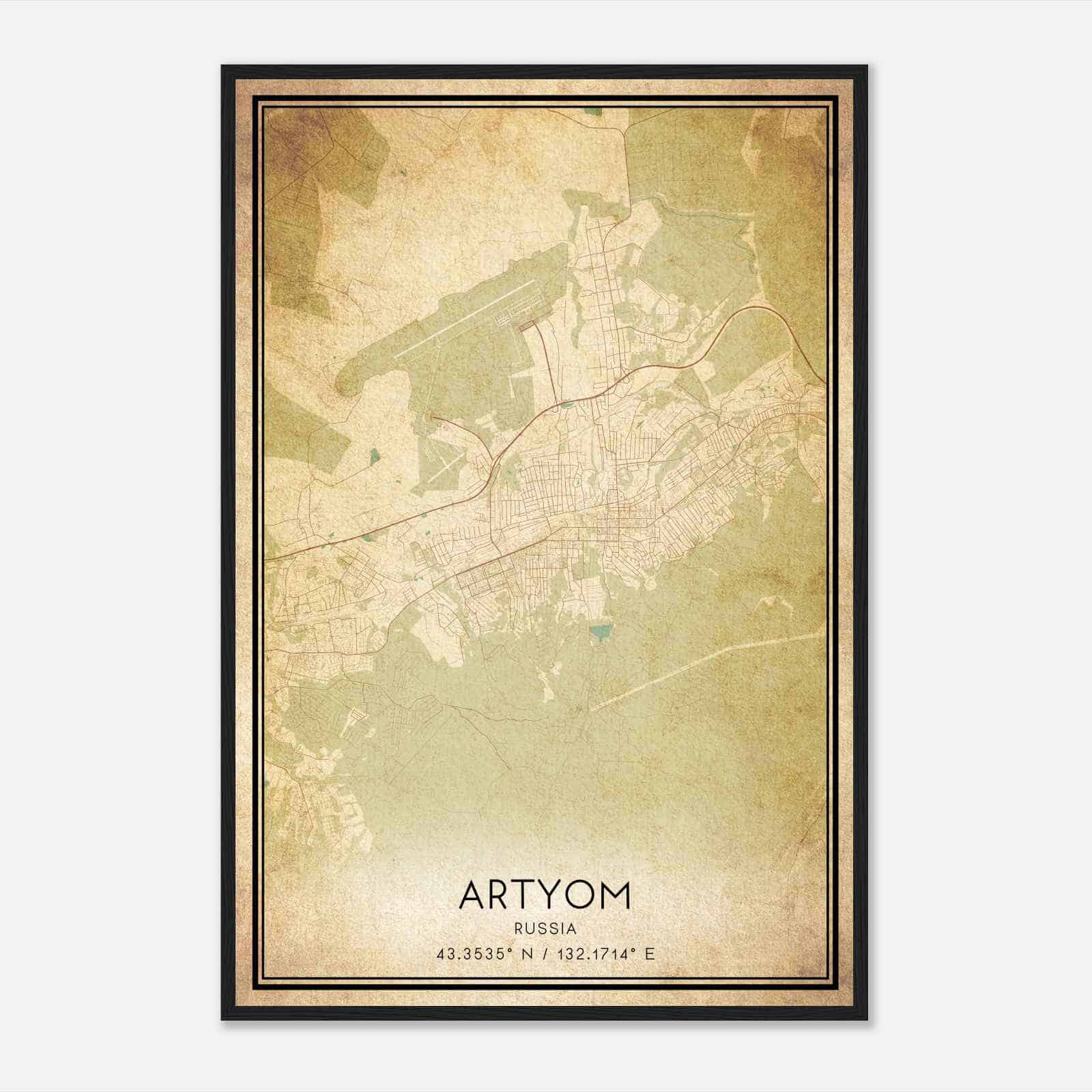 Vintage Artyom Russia Map Poster, Artyom City Road Wall Art Print
