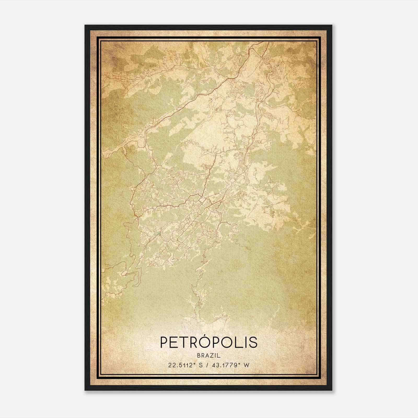 Vintage Petropolis Brazil Map Poster, Petropolis City Road Wall Art Print