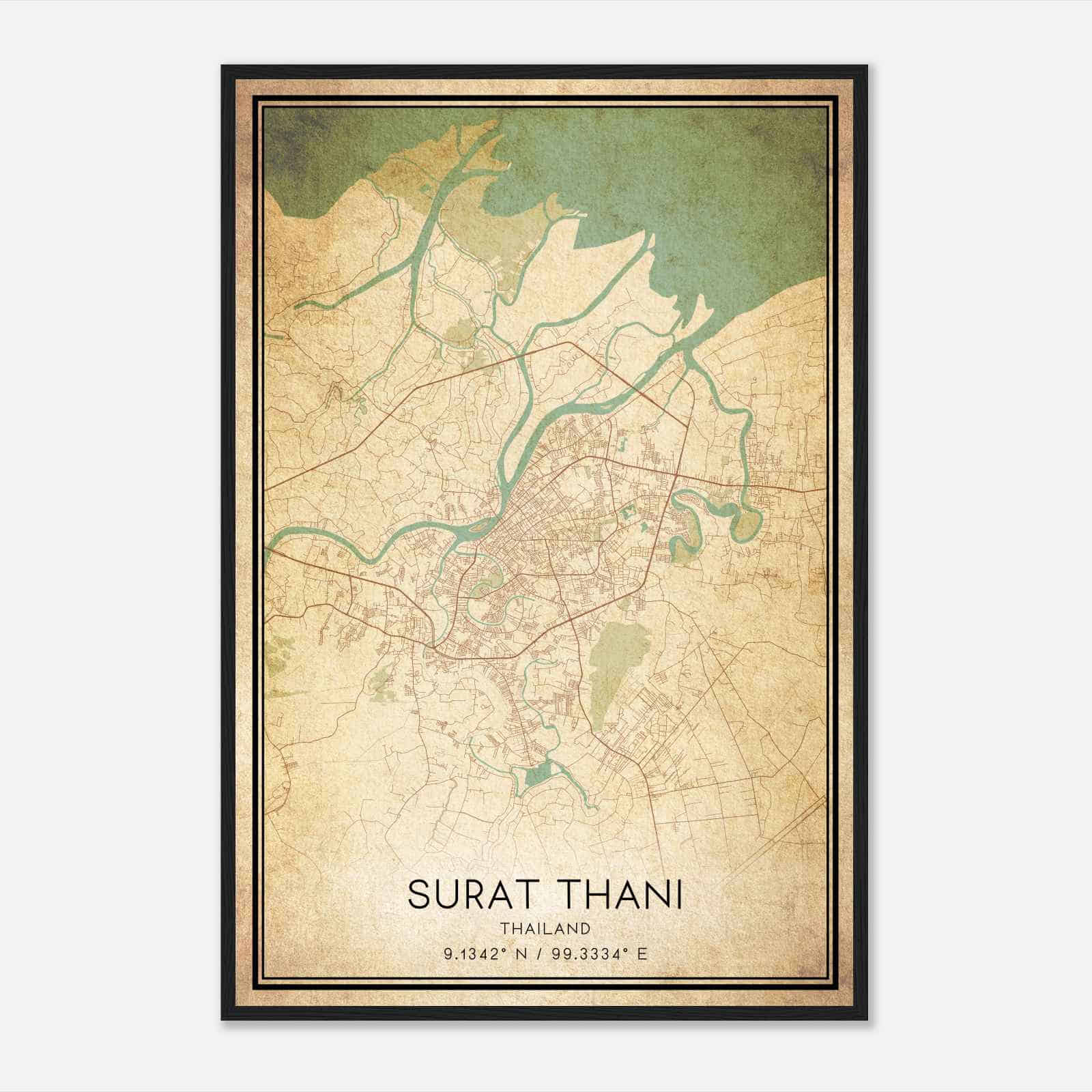 Vintage Surat Thani Thailand Map Poster, Surat Thani City Road Wall Art Print