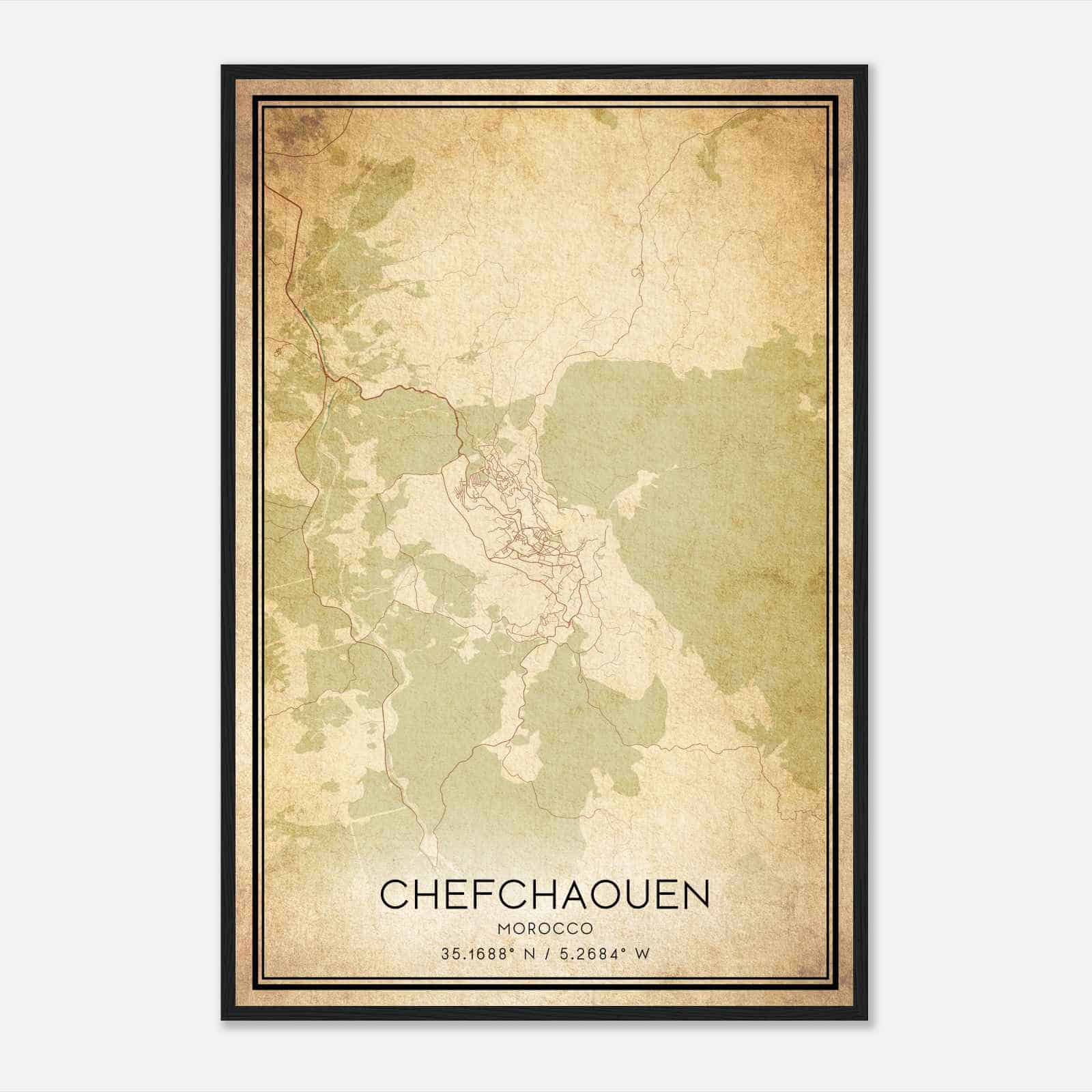 Vintage Chefchaouen Morocco Map Poster, Chefchaouen City Road Wall Art Print