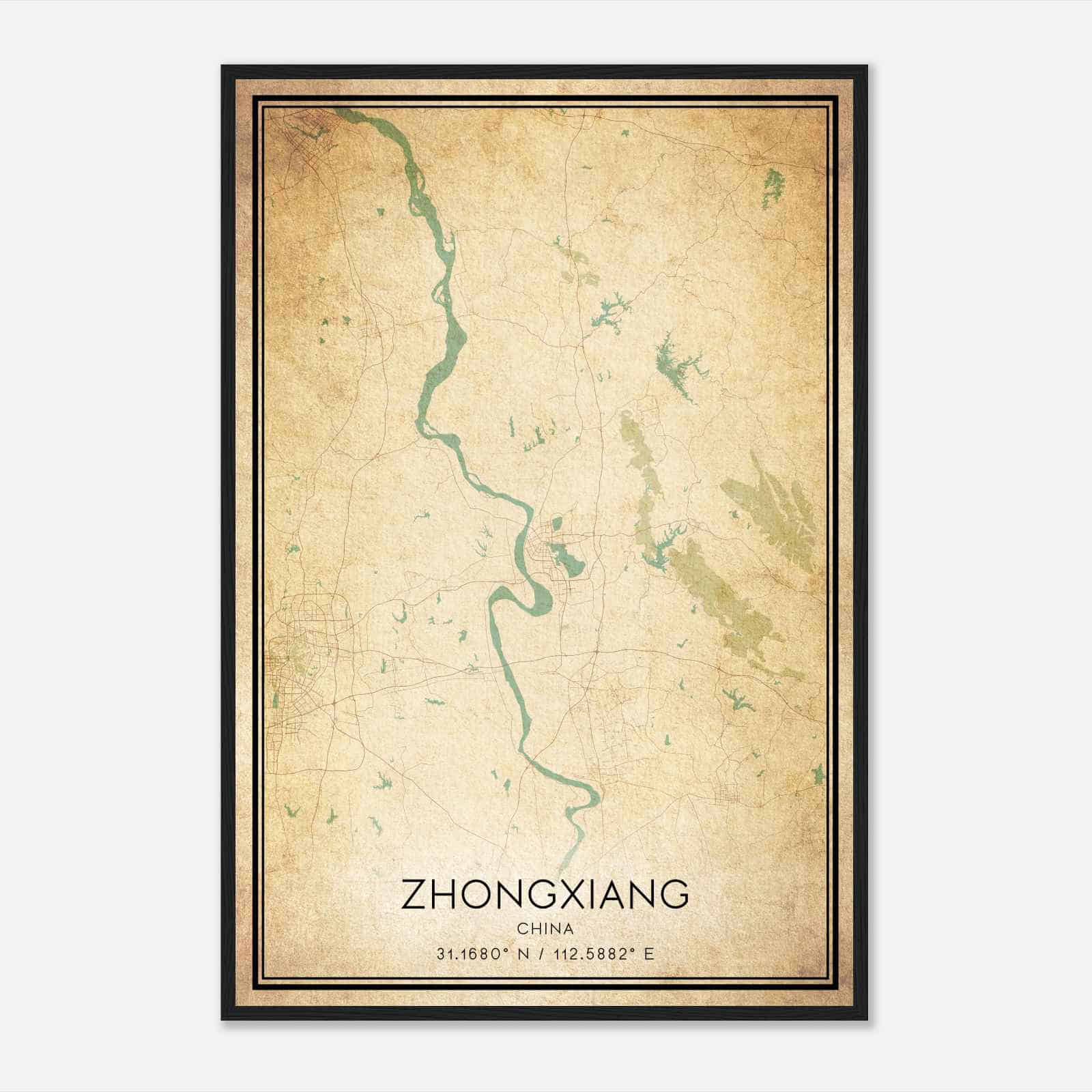 Vintage Zhongxiang China Map Poster, Zhongxiang City Road Wall Art Print