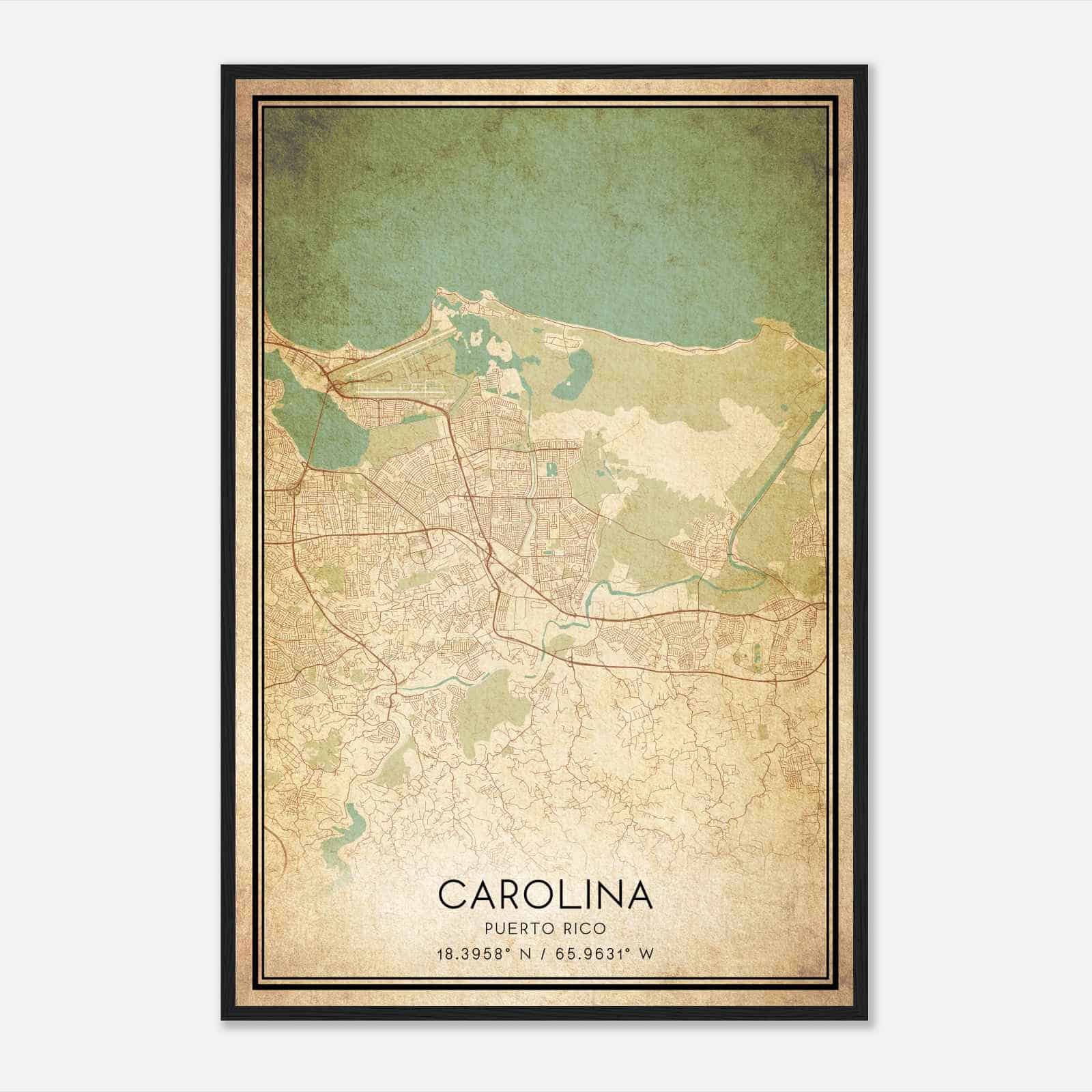 Vintage Carolina Puerto Rico Map Poster, Carolina City Road Wall Art Print