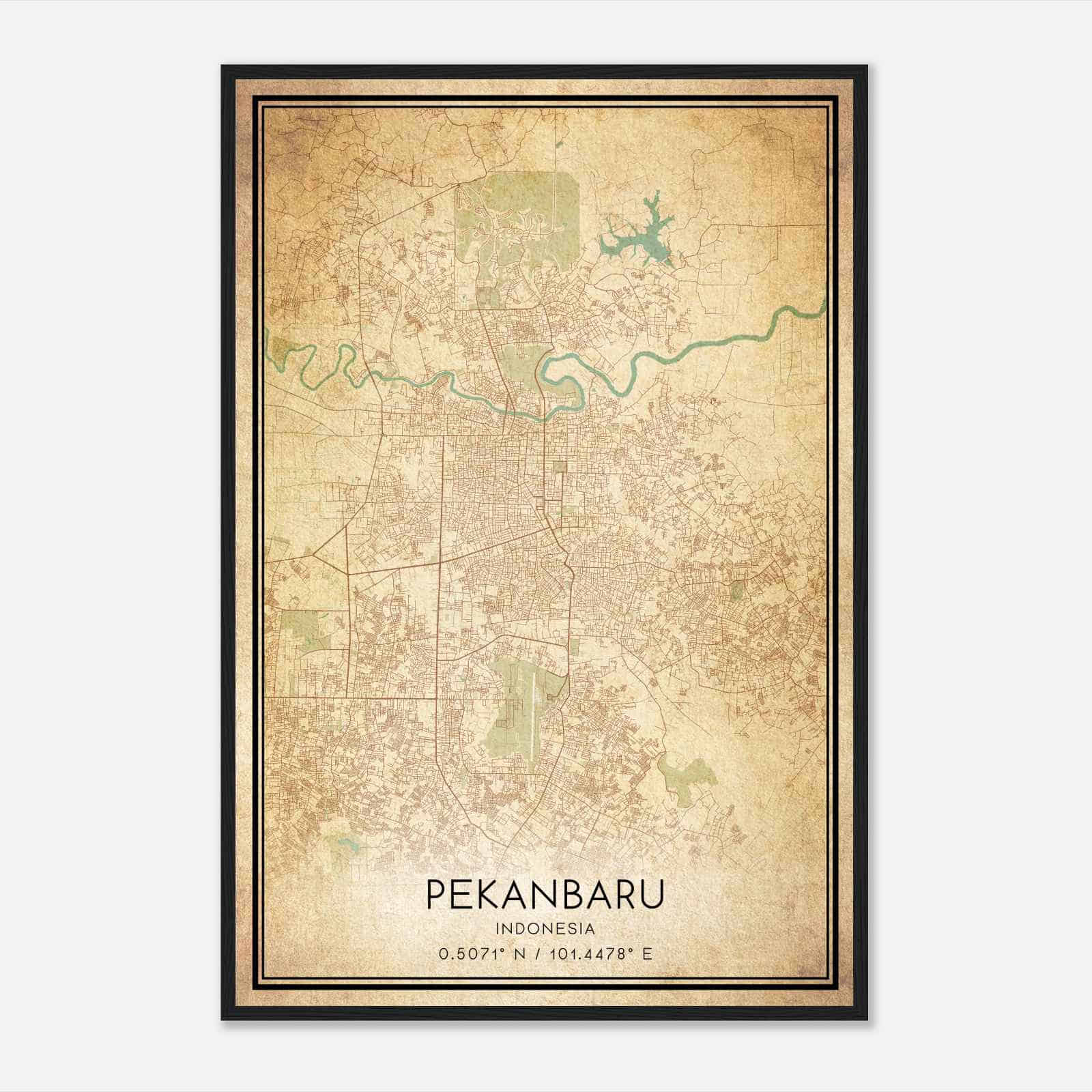 Vintage Pekanbaru Indonesia Map Poster, Pekanbaru City Road Wall Art Print