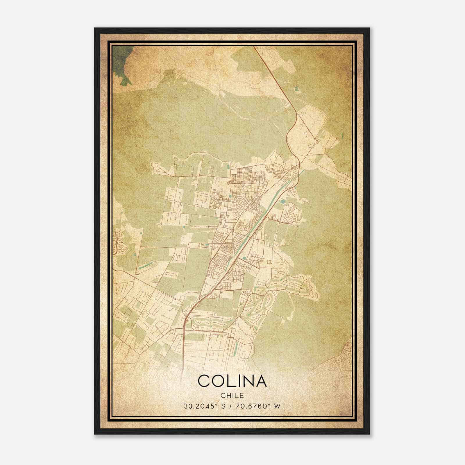 Vintage Colina Chile Map Poster, Colina City Road Wall Art Print