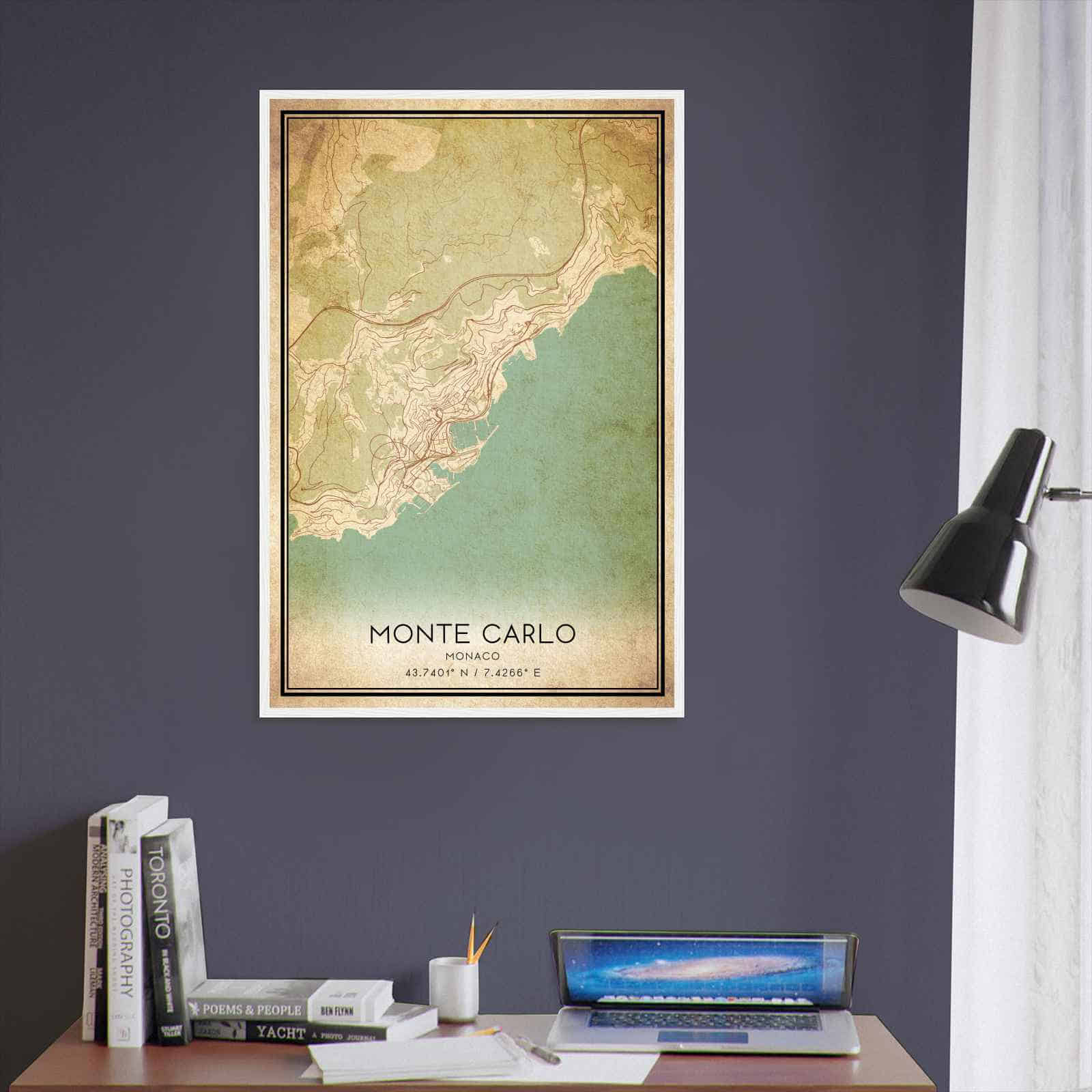 Vintage Monte Carlo Monaco Map Poster, Monte Carlo City Road Wall Art Print