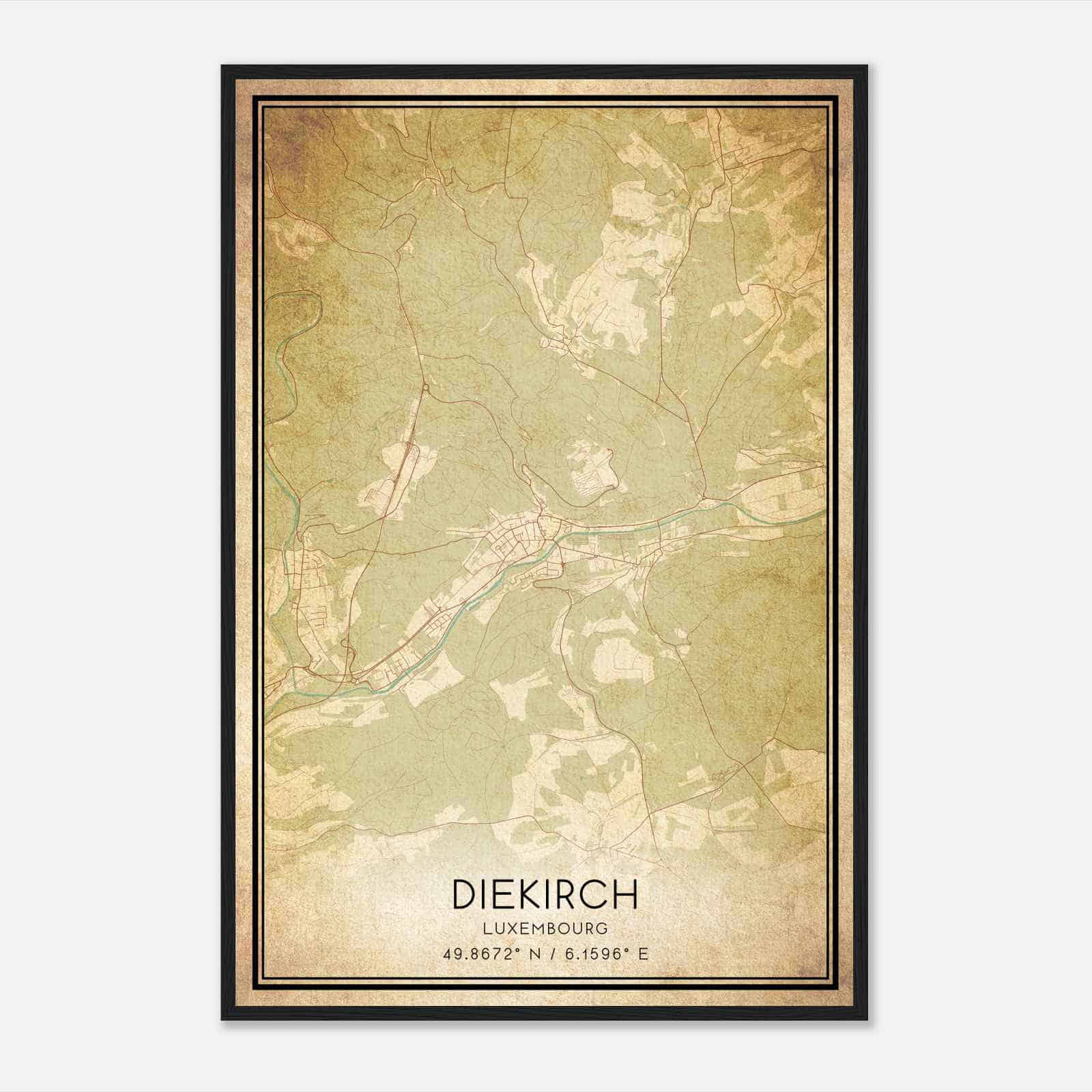 Vintage Diekirch Luxembourg Map Poster, Diekirch City Road Wall Art Print
