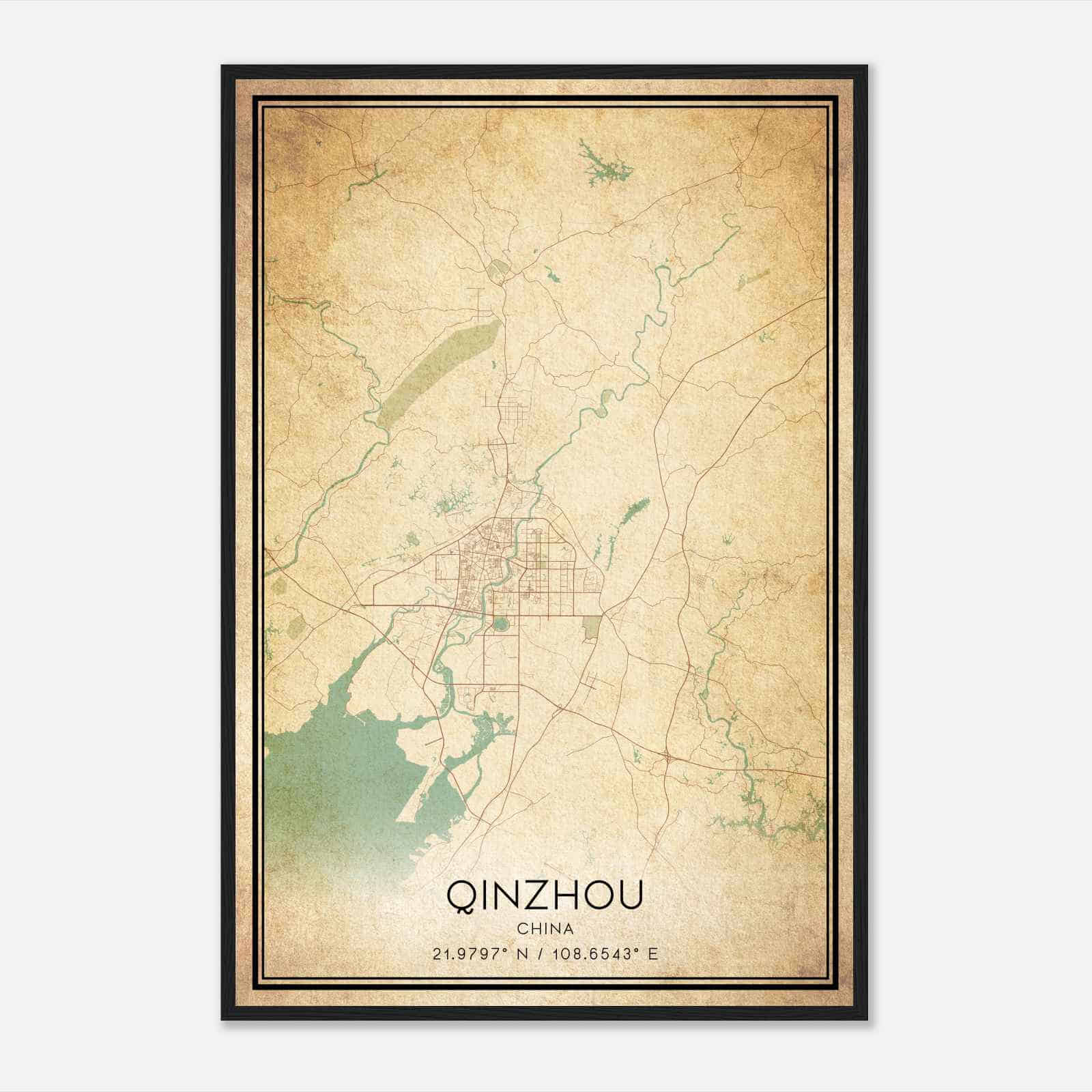 Vintage Qinzhou China Map Poster, Qinzhou City Road Wall Art Print