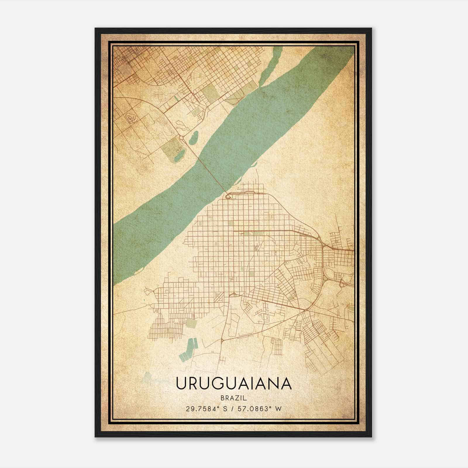 Vintage Uruguaiana Brazil Map Poster, Uruguaiana City Road Wall Art Print