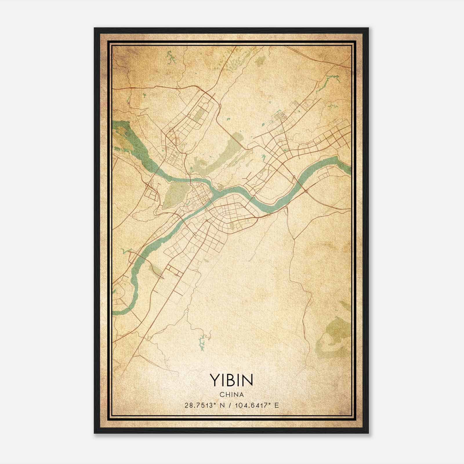 Vintage Yibin China Map Poster, Yibin City Road Wall Art Print
