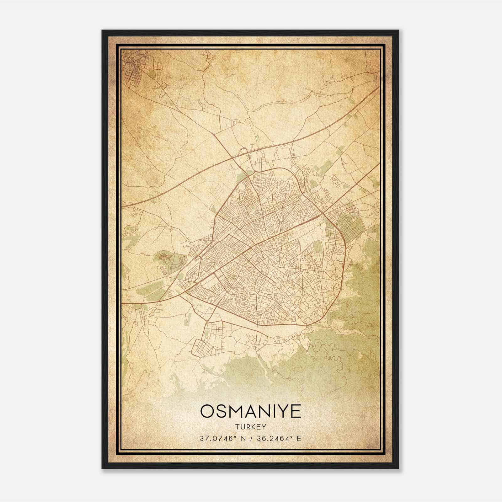 Vintage Osmaniye Turkey Map Poster, Osmaniye City Road Wall Art Print