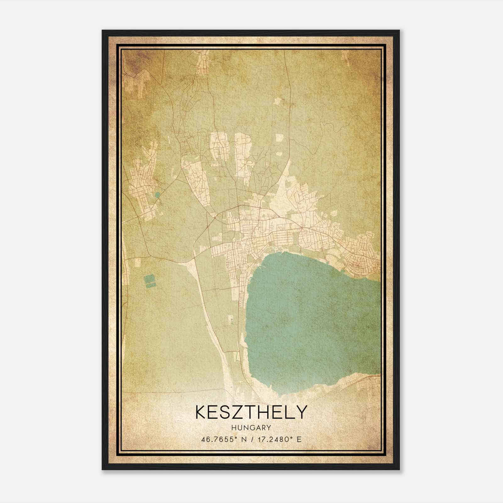 Vintage Keszthely Hungary Map Poster, Keszthely City Road Wall Art Print
