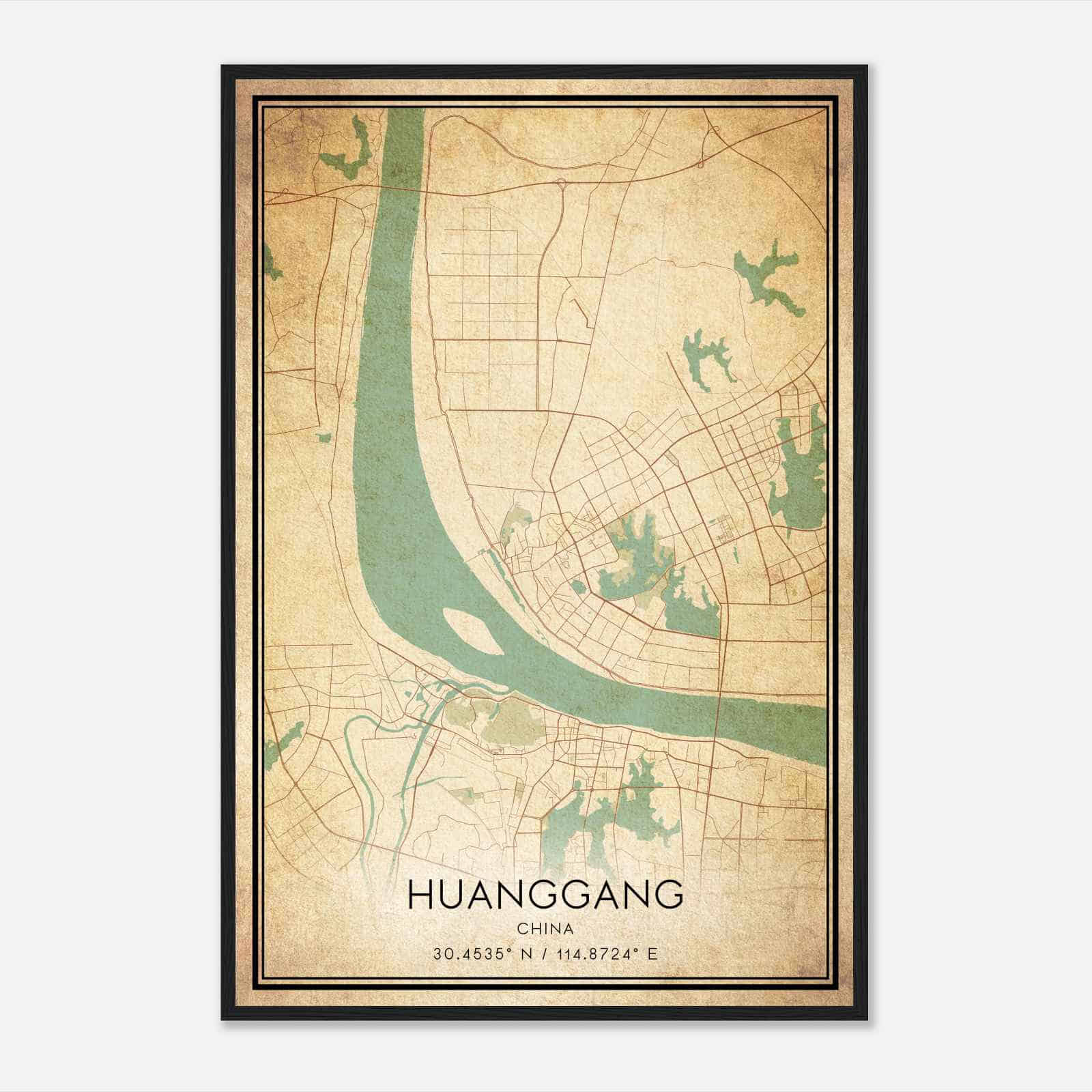 Vintage Huanggang China Map Poster, Huanggang City Road Wall Art Print
