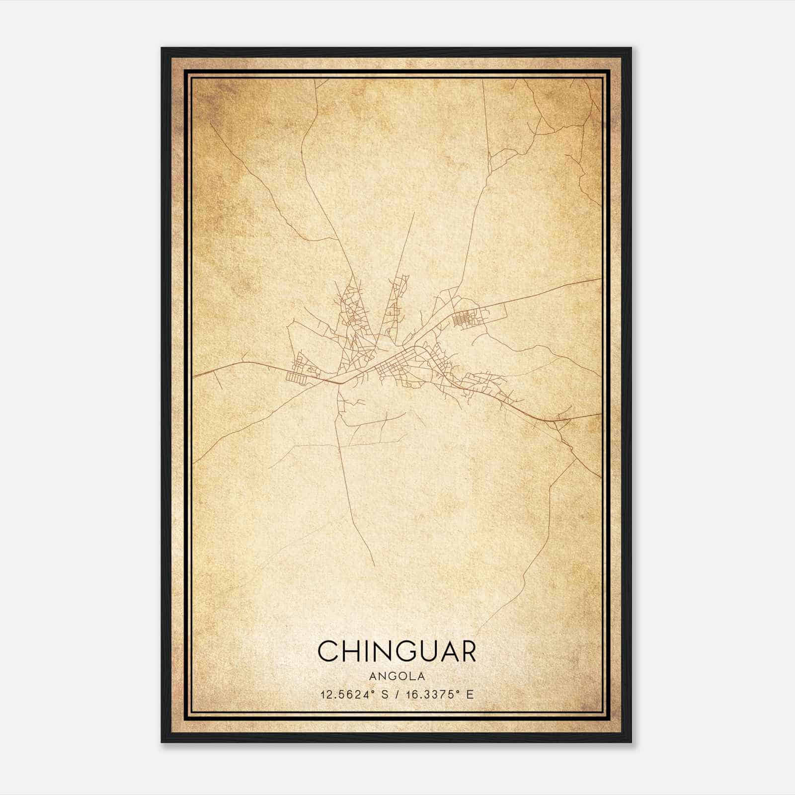 Vintage Chinguar Angola Map Poster, Chinguar City Road Wall Art Print
