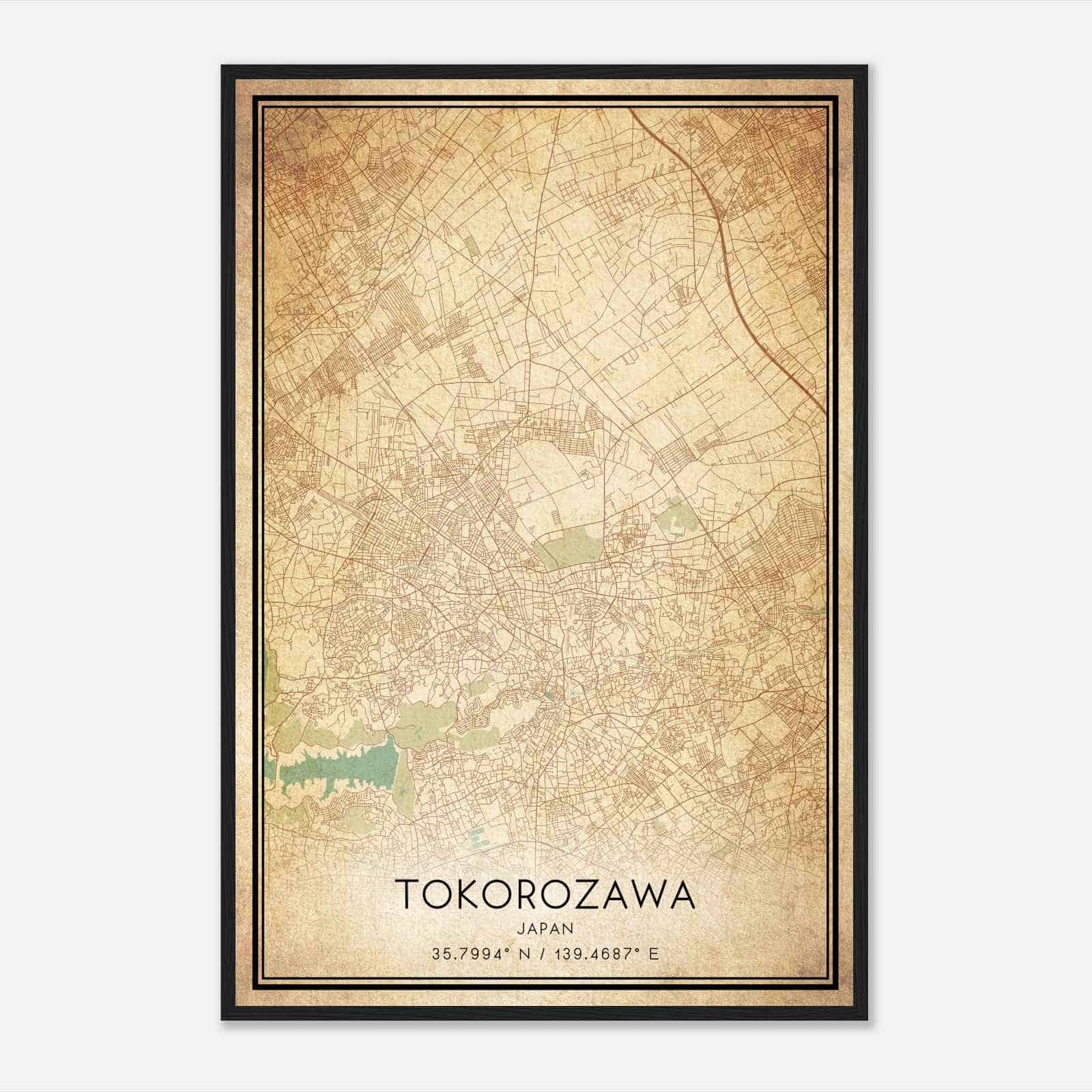 Vintage Tokorozawa Japan Map Poster, Tokorozawa City Road Wall Art Print