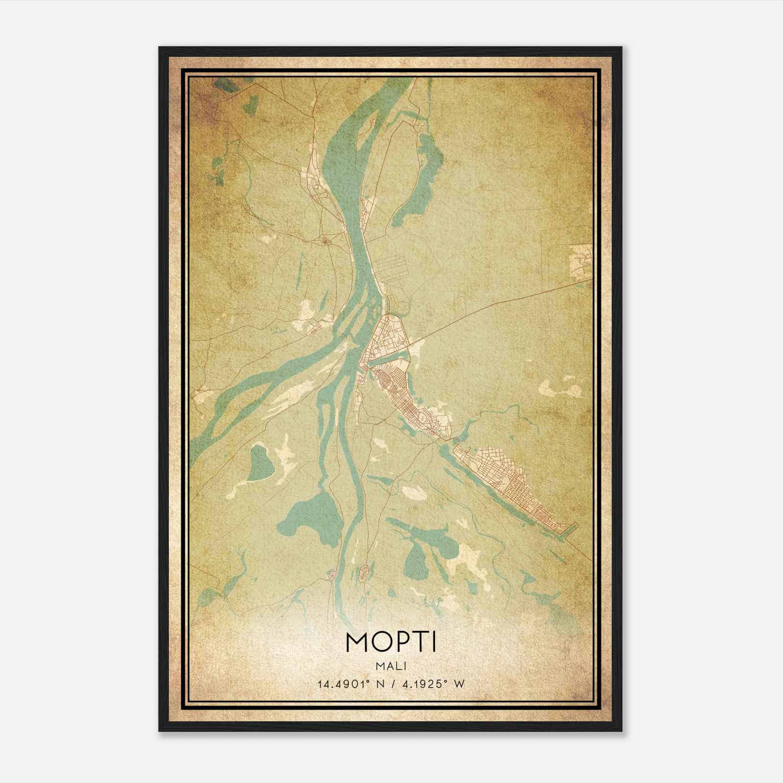 Vintage Mopti Mali Map Poster, Mopti City Road Wall Art Print
