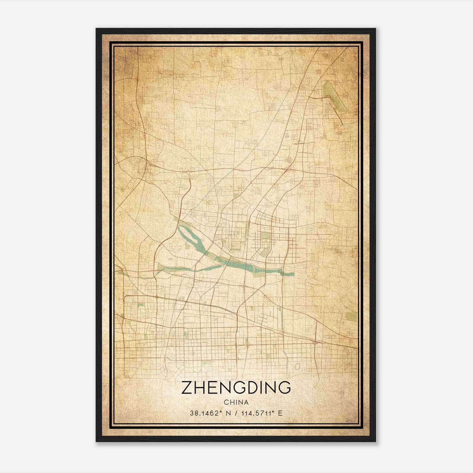 Vintage Zhengding China Map Poster, Zhengding City Road Wall Art Print