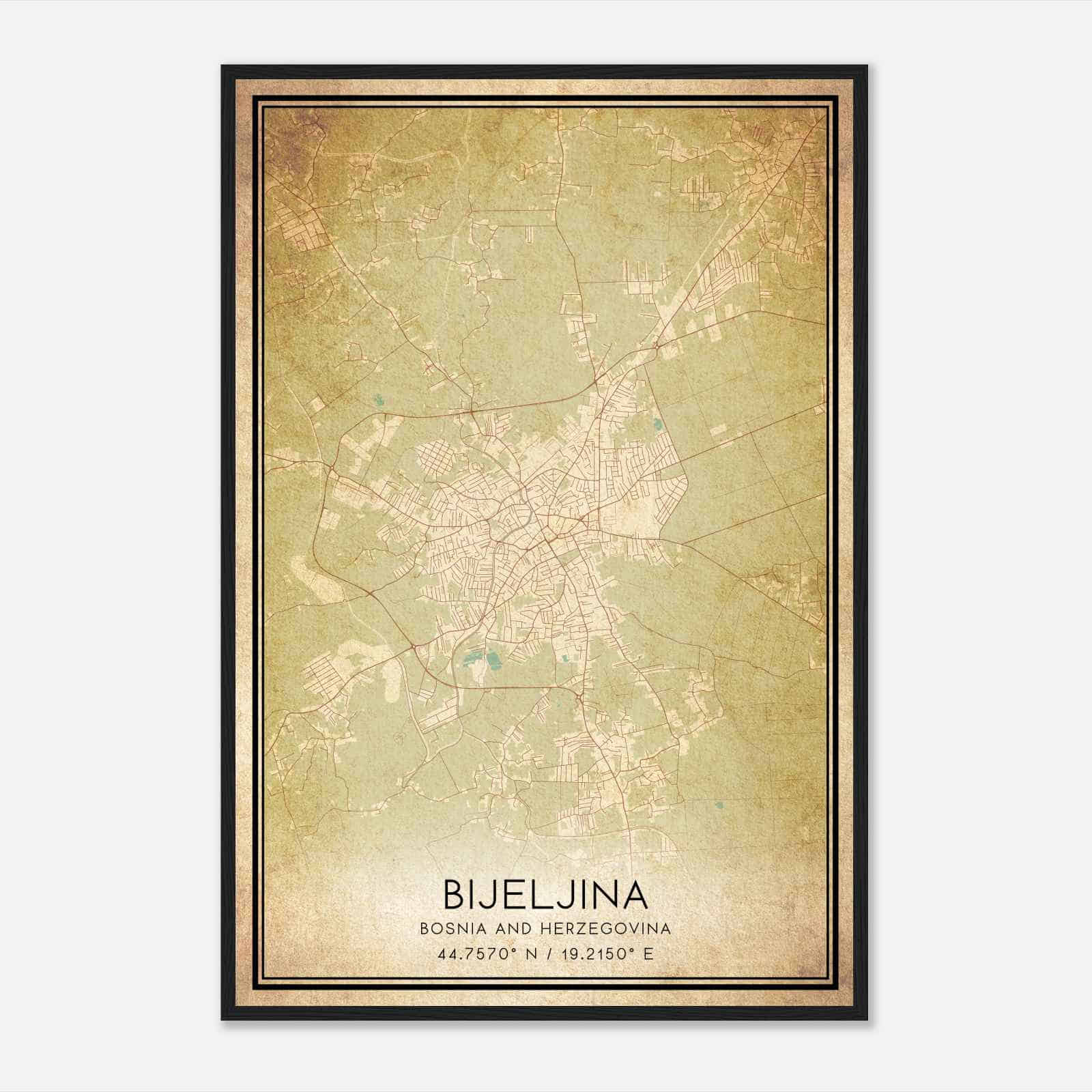 Vintage Bijeljina Bosnia And Herzegovina Map Poster, Bijeljina City Road Wall Art Print