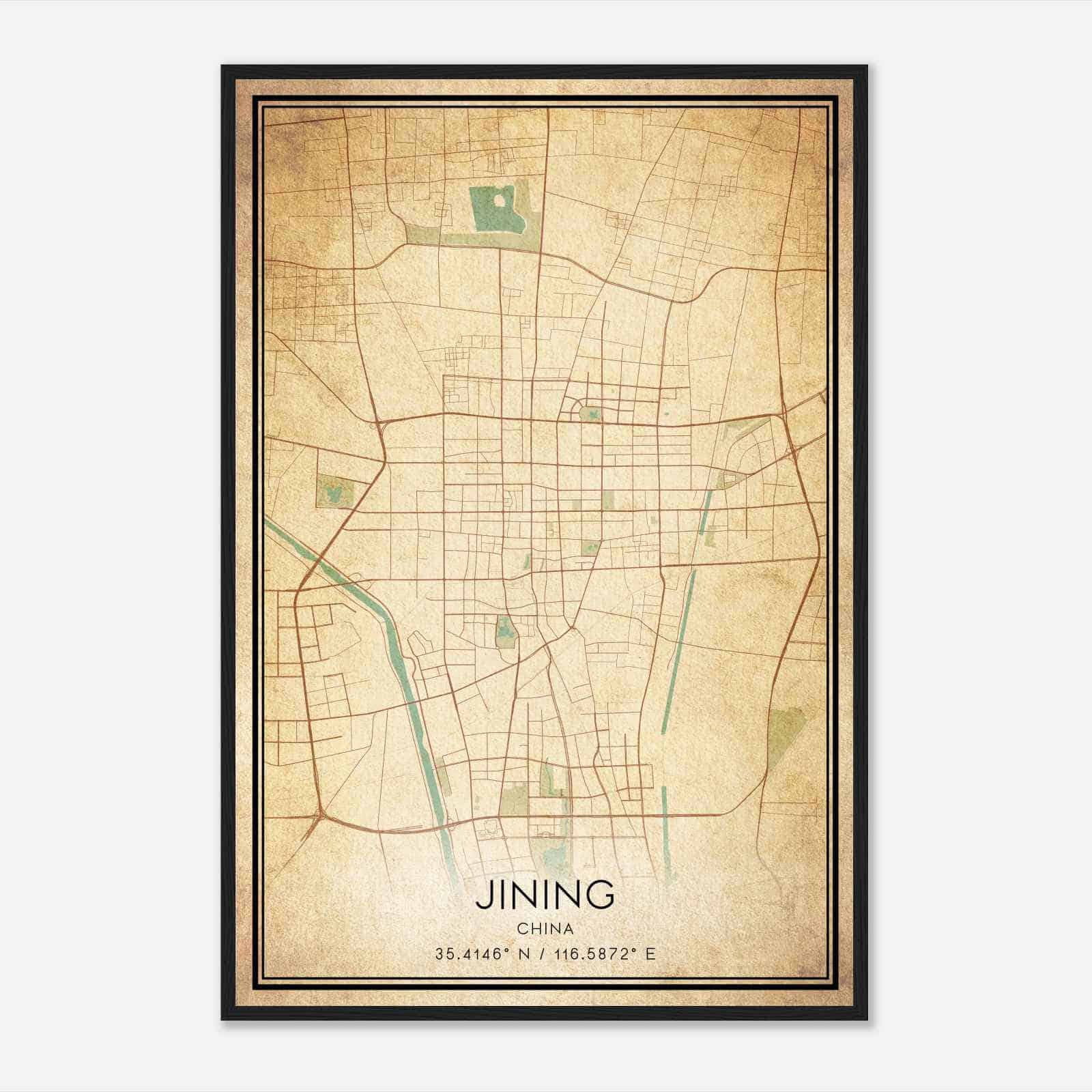Vintage Jining China Map Poster, Jining City Road Wall Art Print