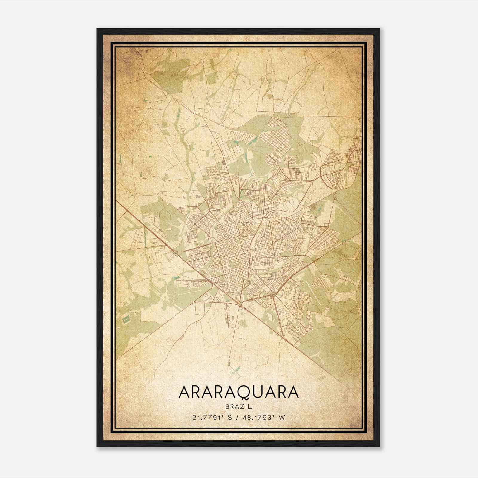 Vintage Araraquara Brazil Map Poster, Araraquara City Road Wall Art Print