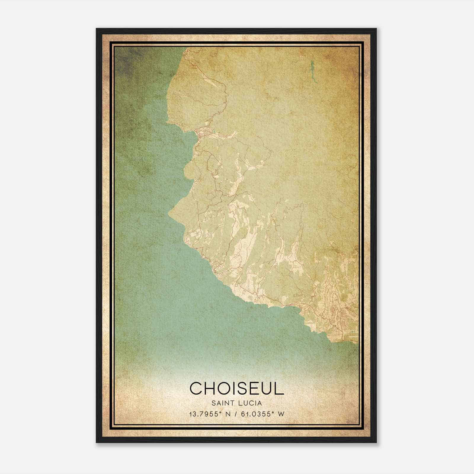 Vintage Choiseul Saint Lucia Map Poster, Choiseul City Road Wall Art Print