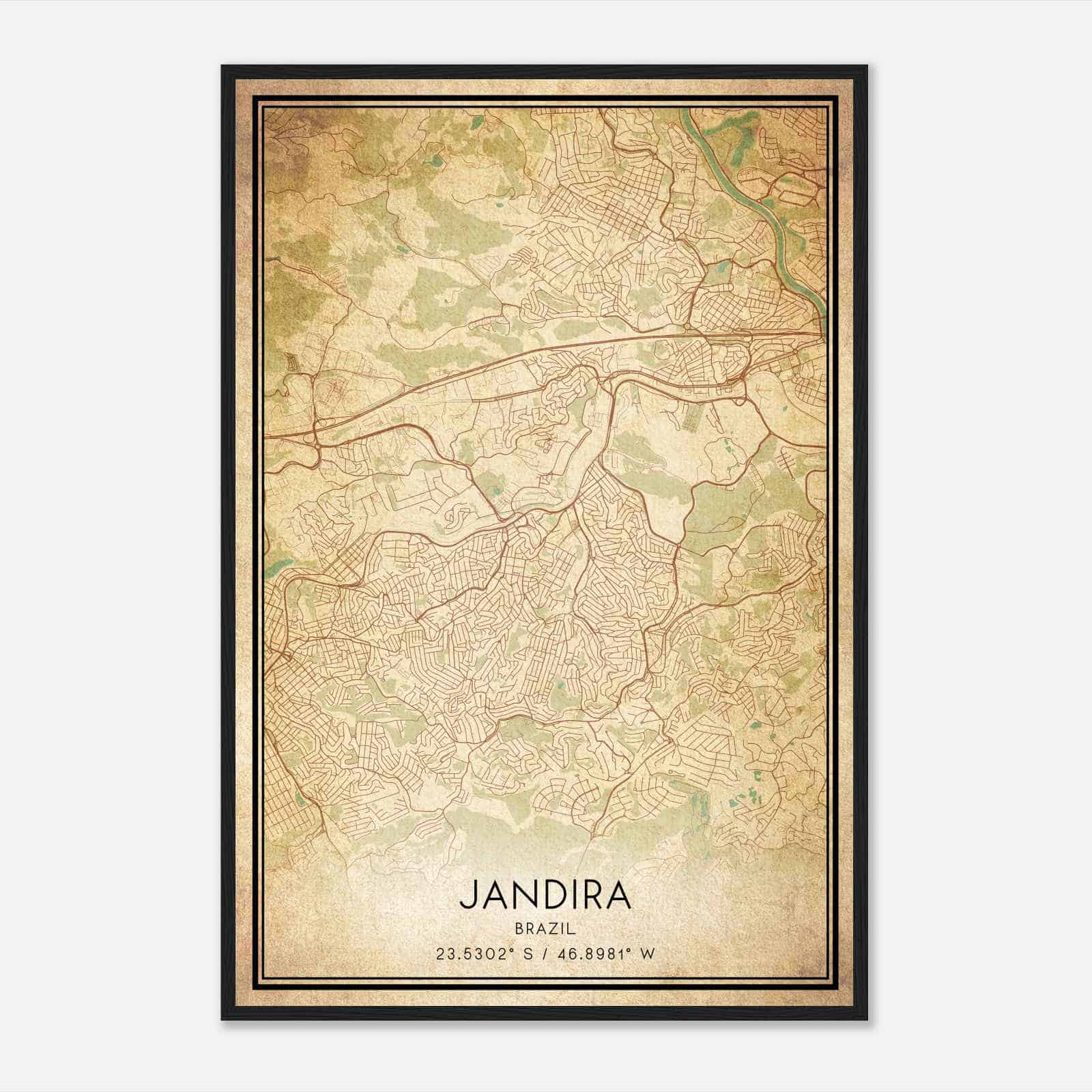 Vintage Jandira Brazil Map Poster, Jandira City Road Wall Art Print