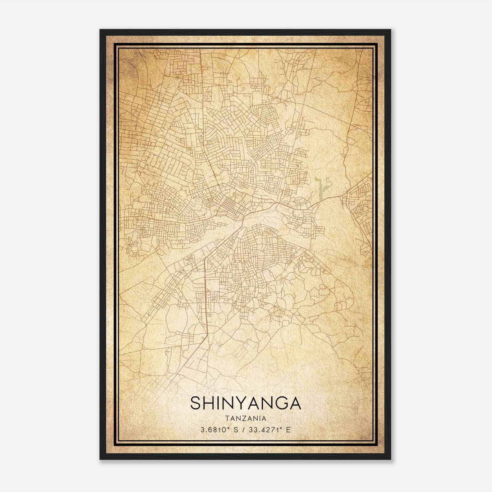 Vintage Shinyanga Tanzania Map Poster, Shinyanga City Road Wall Art Print