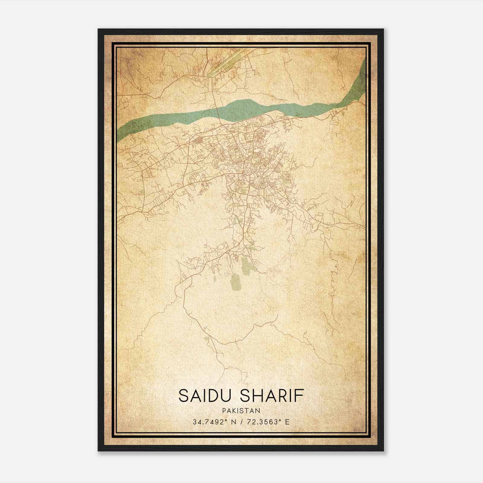 Vintage Saidu Sharif Pakistan Map Poster, Saidu Sharif City Road Wall Art Print
