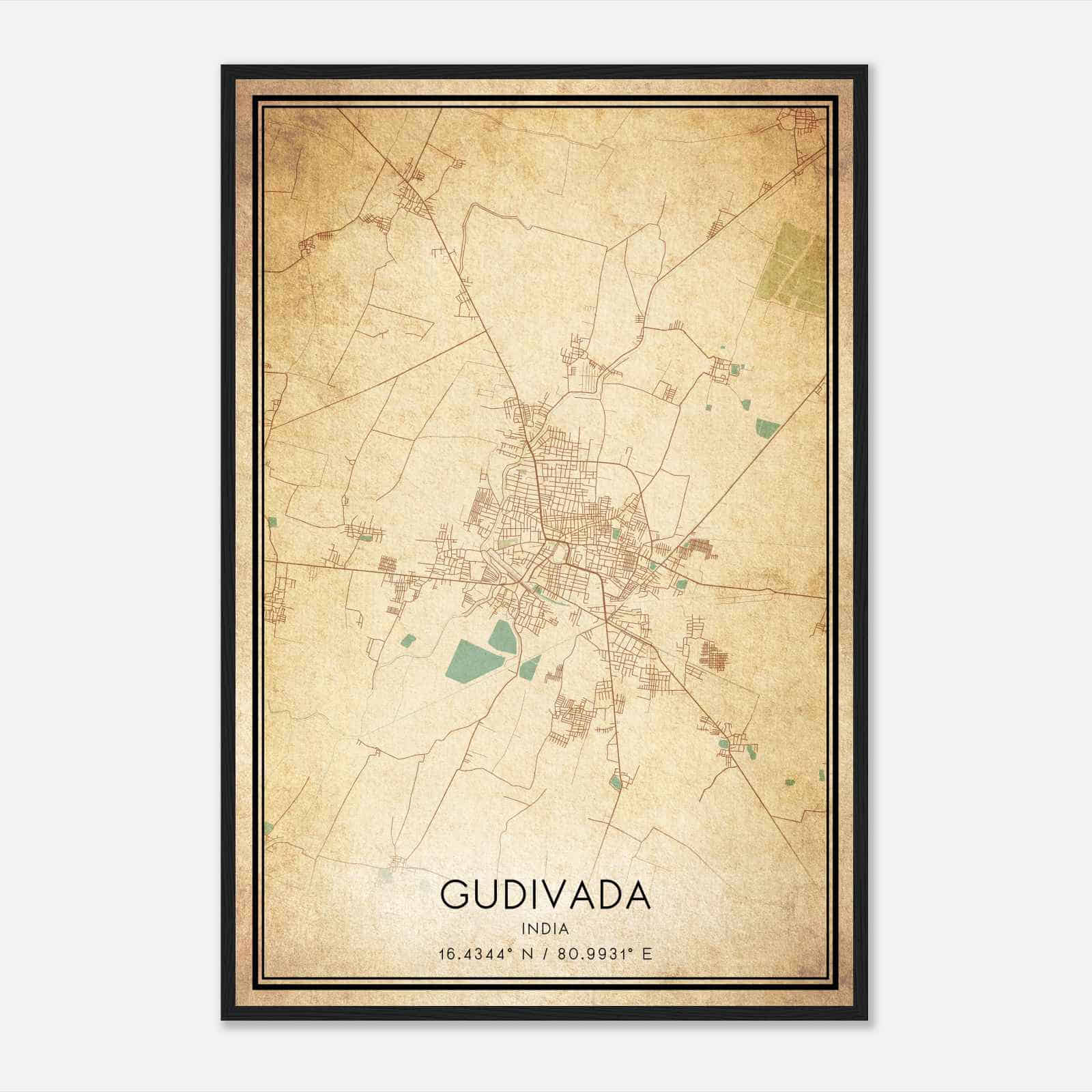 Vintage Gudivada India Map Poster, Gudivada City Road Wall Art Print