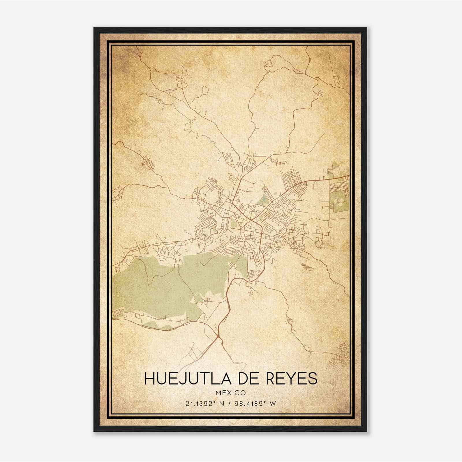 Vintage Huejutla de Reyes Mexico Map Poster, Huejutla de Reyes City Road Wall Art Print