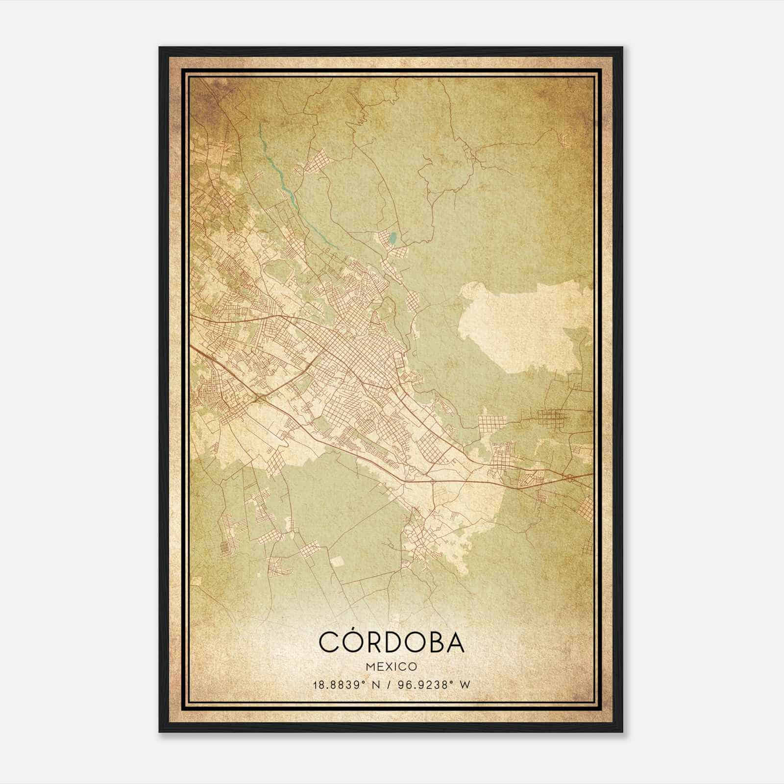 Vintage Cordoba Mexico Map Poster, Cordoba City Road Wall Art Print