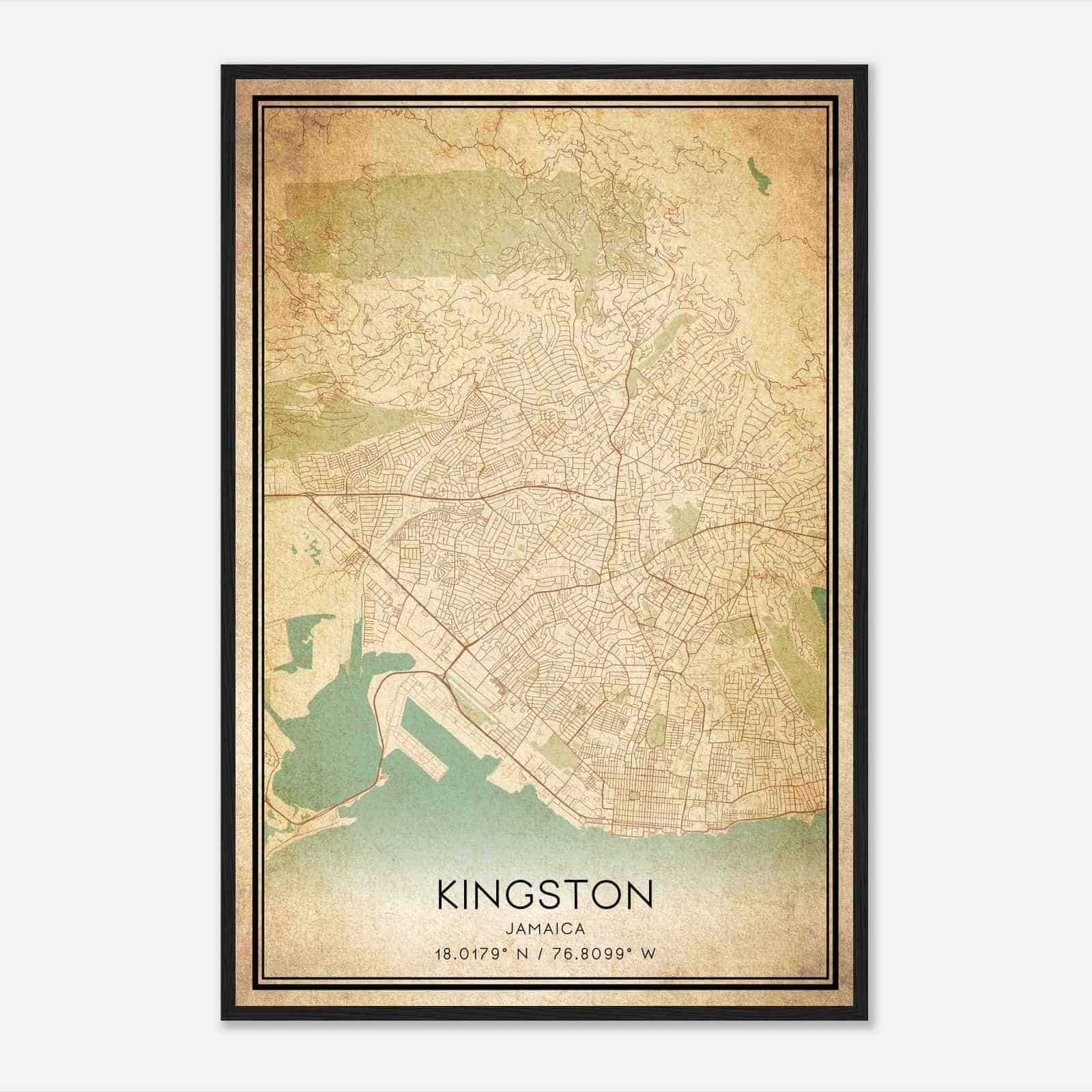 Vintage Kingston Jamaica Map Poster, Kingston City Road Wall Art Print