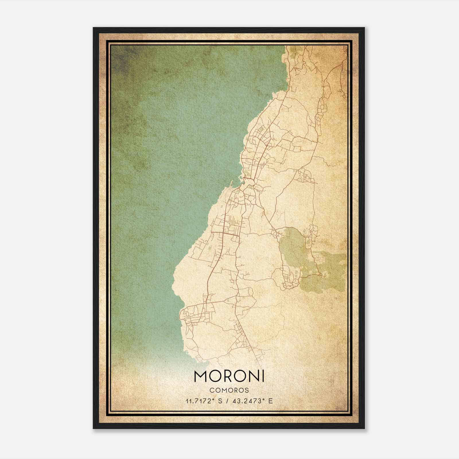 Vintage Moroni Comoros Map Poster, Moroni City Road Wall Art Print