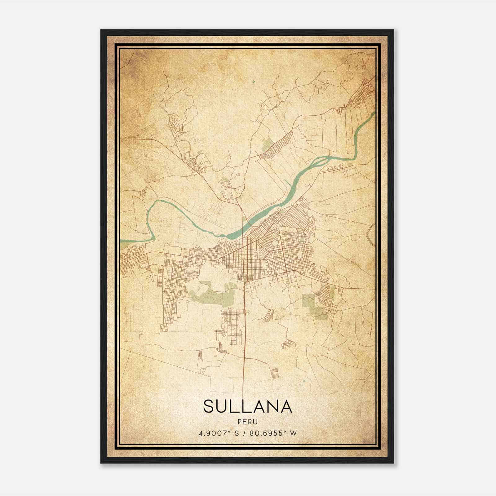 Vintage Sullana Peru Map Poster, Sullana City Road Wall Art Print
