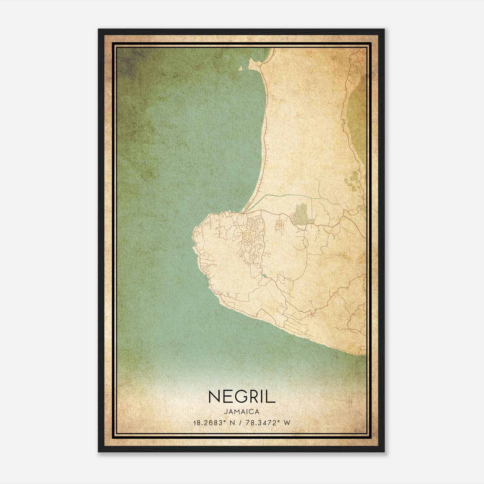 Vintage Negril Jamaica Map Poster, Negril City Road Wall Art Print