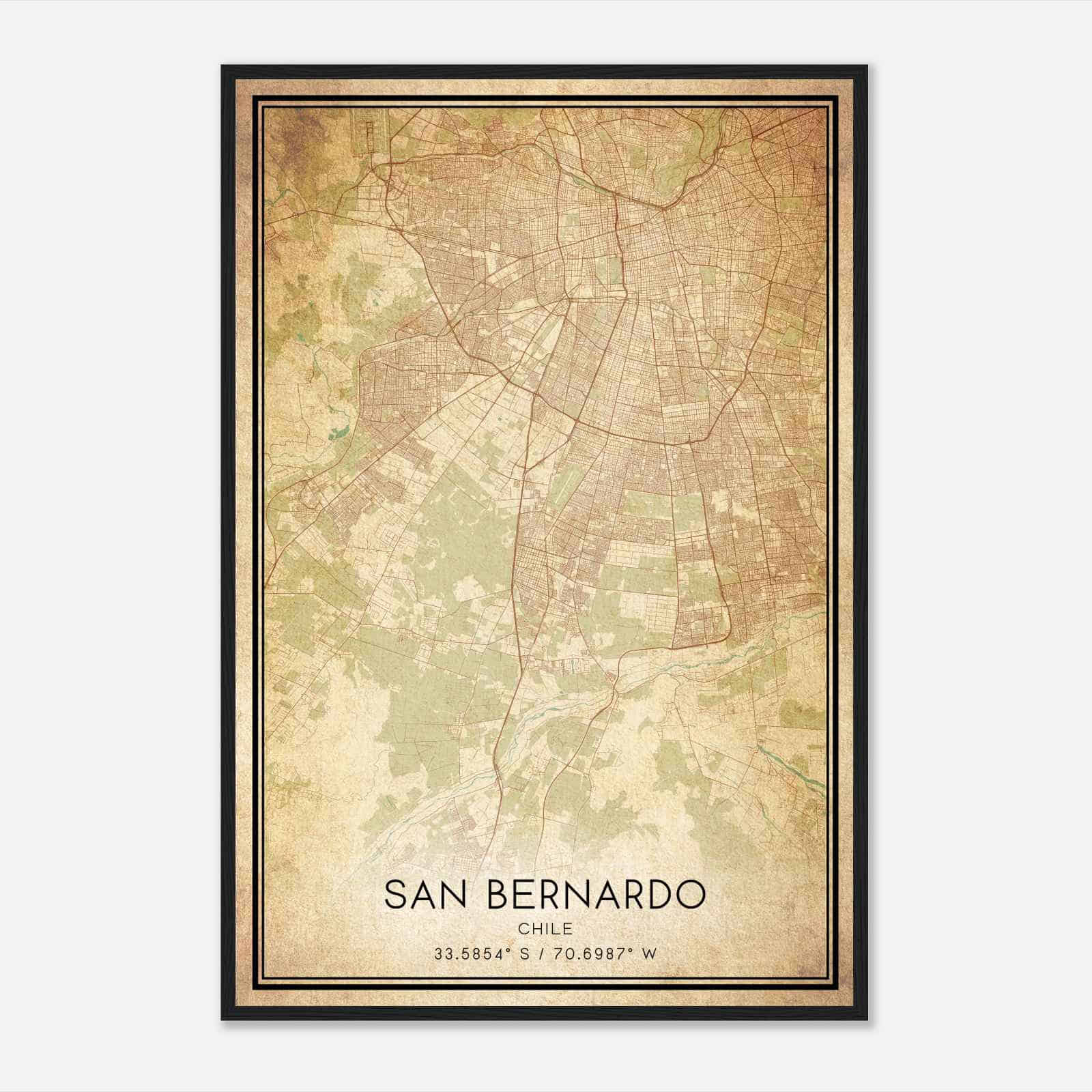 Vintage San Bernardo Chile Map Poster, San Bernardo City Road Wall Art Print