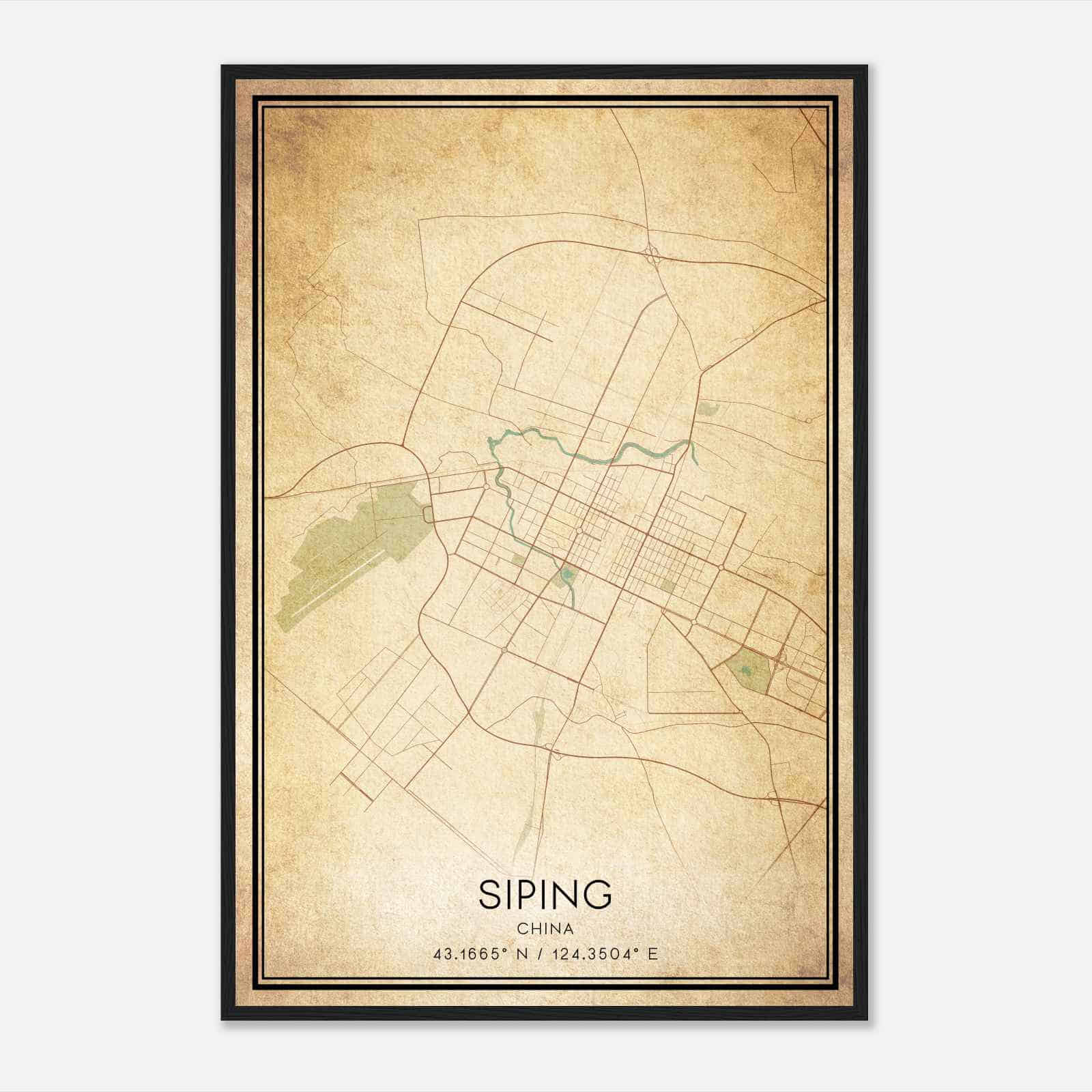 Vintage Siping China Map Poster, Siping City Road Wall Art Print