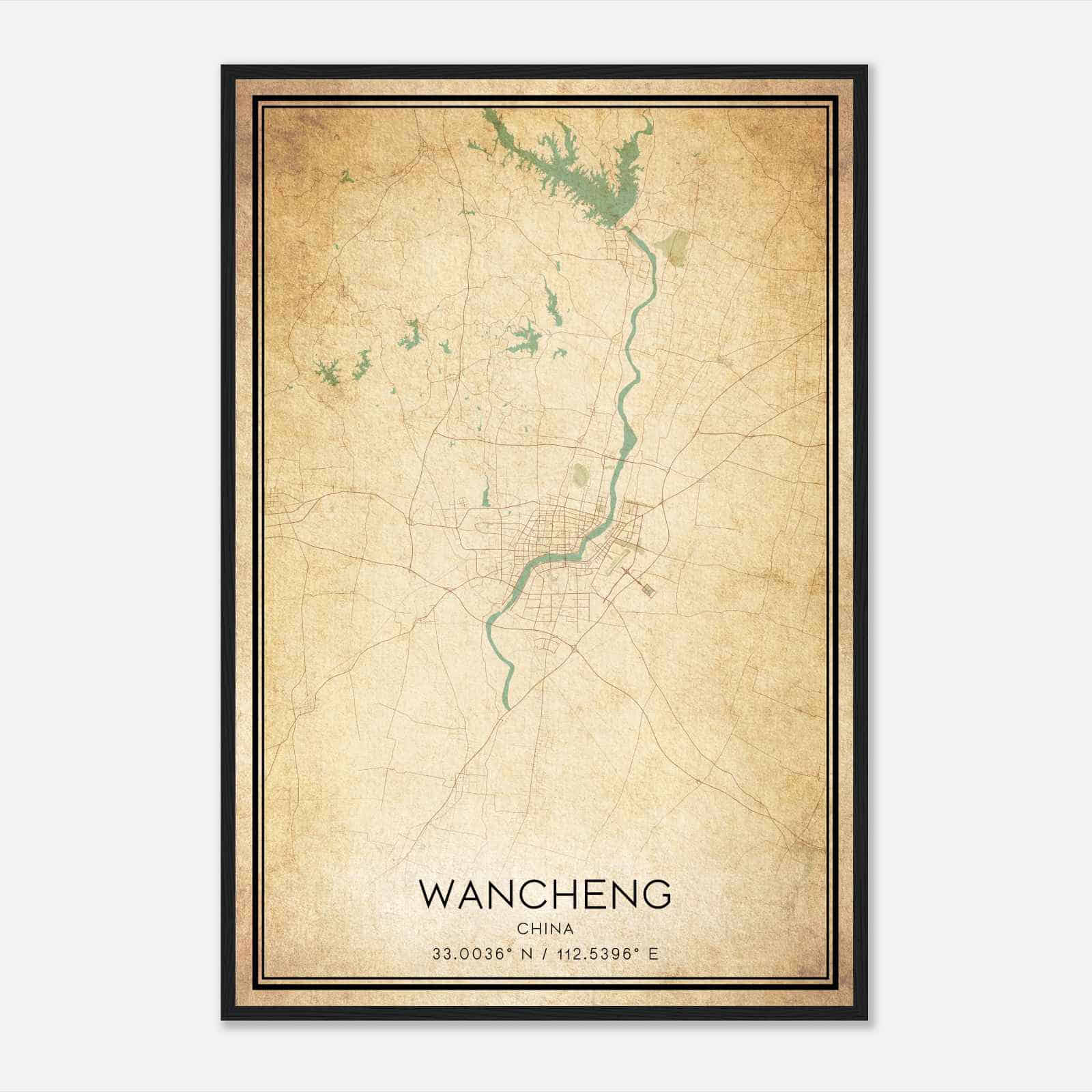 Vintage Wancheng China Map Poster, Wancheng City Road Wall Art Print