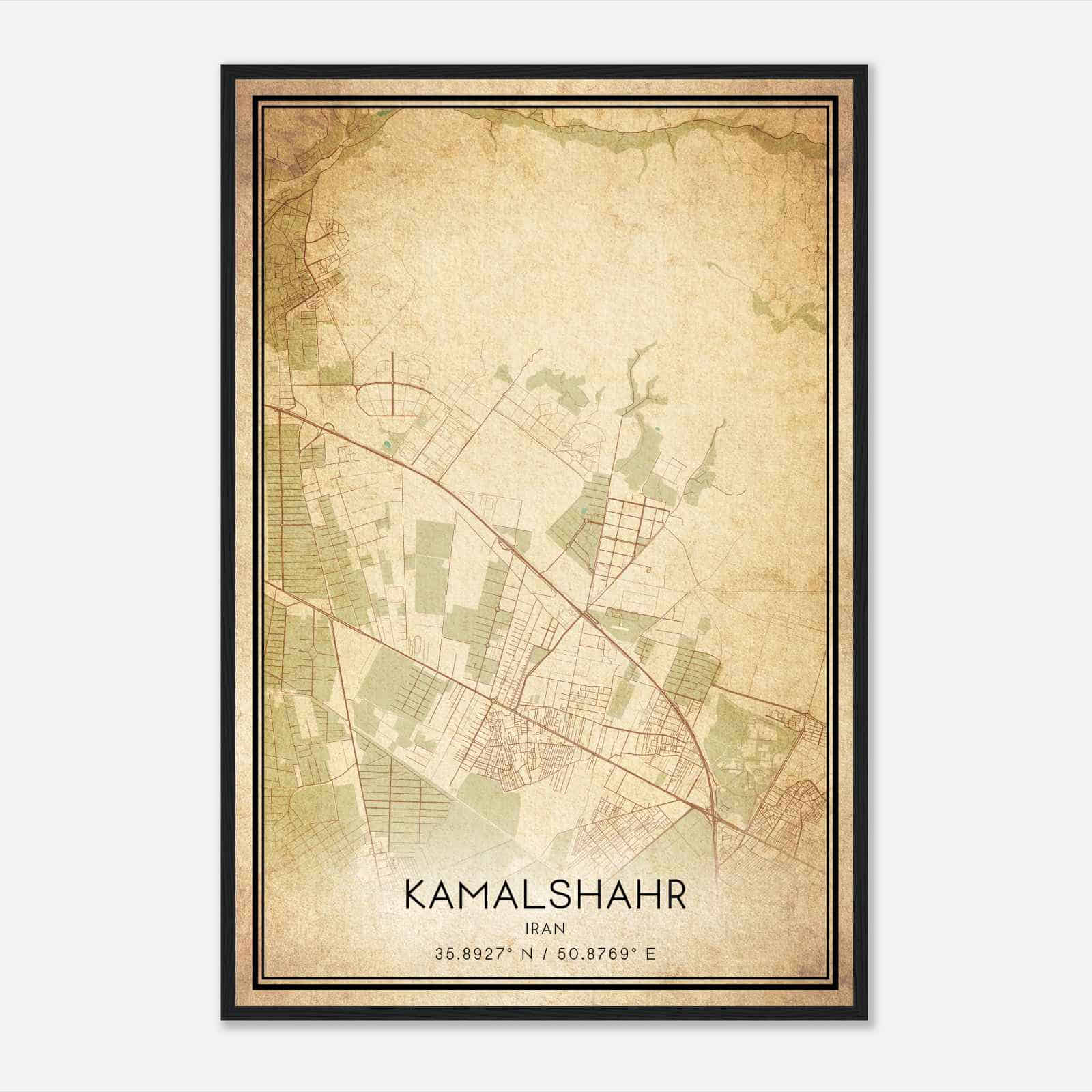 Vintage Kamalshahr Iran Map Poster, Kamalshahr City Road Wall Art Print