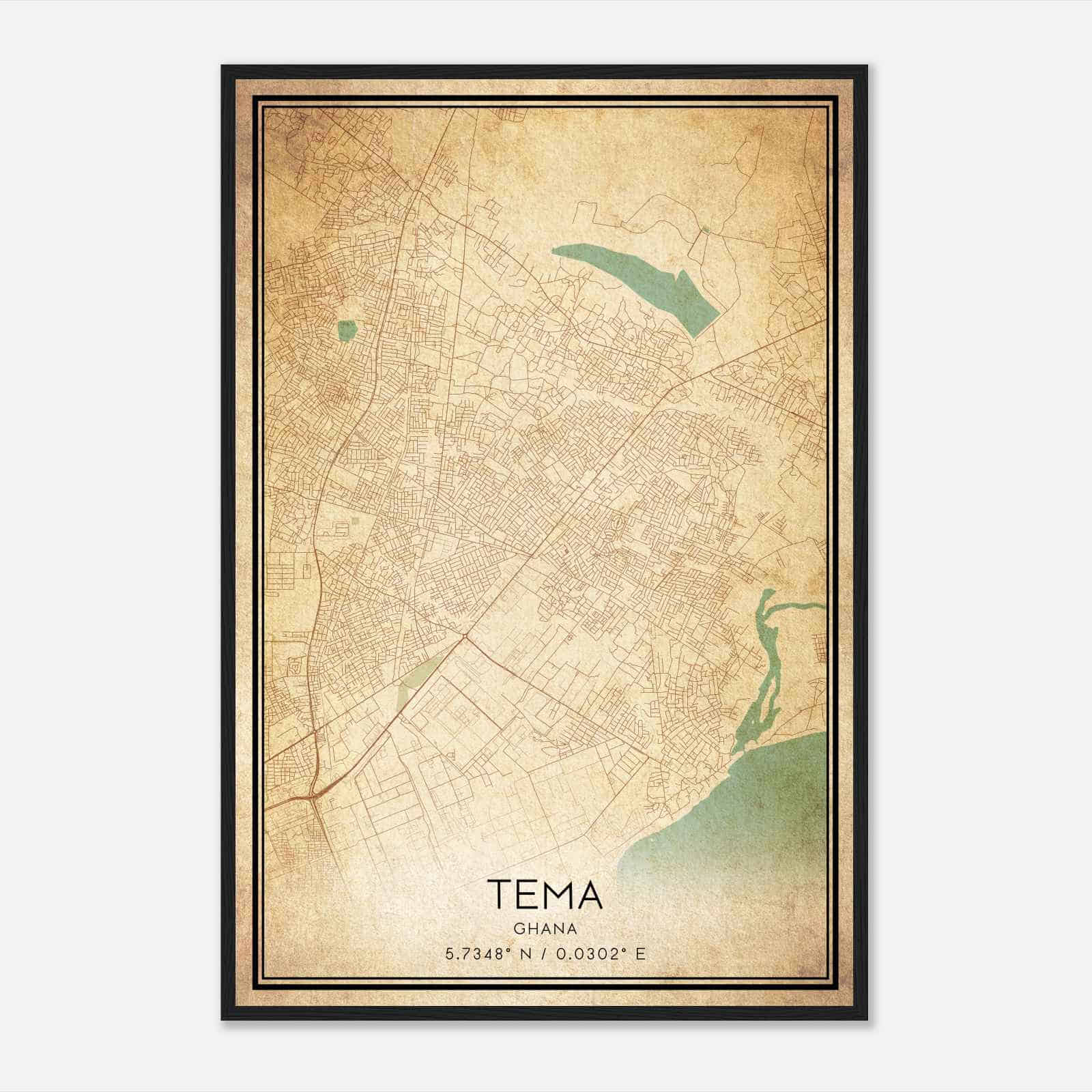 Vintage Tema Ghana Map Poster, Tema City Road Wall Art Print