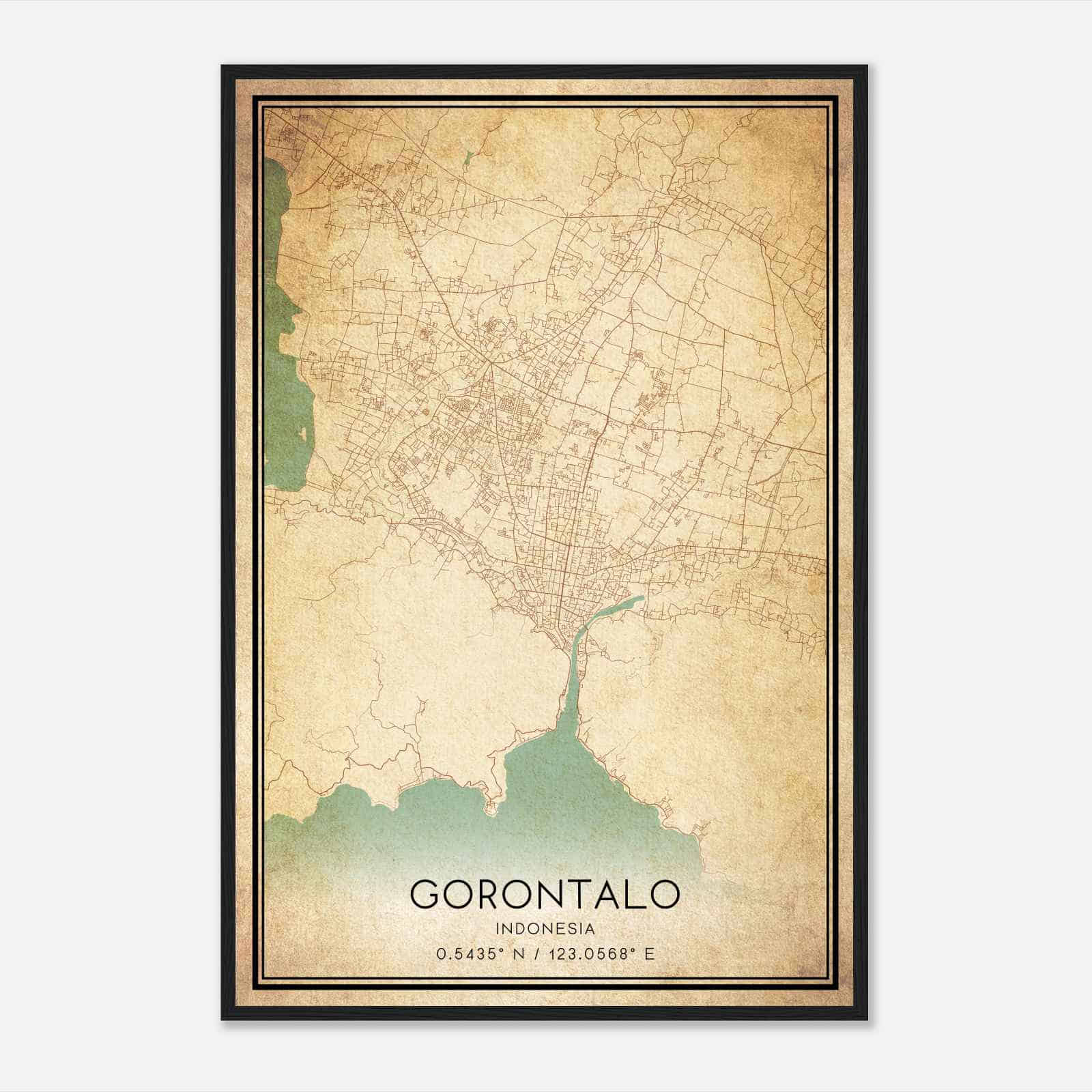 Vintage Gorontalo Indonesia Map Poster, Gorontalo City Road Wall Art Print