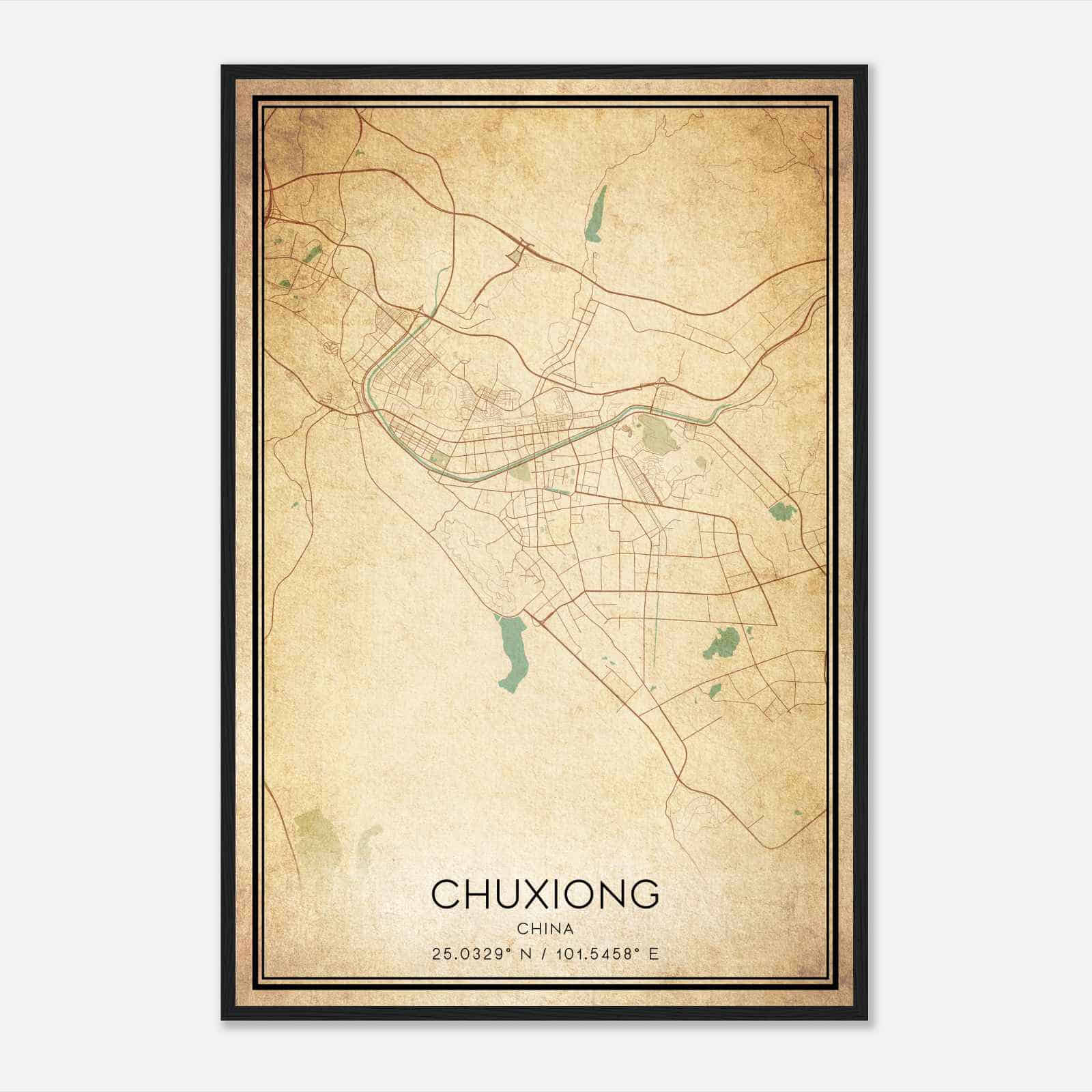 Vintage Chuxiong China Map Poster, Chuxiong City Road Wall Art Print