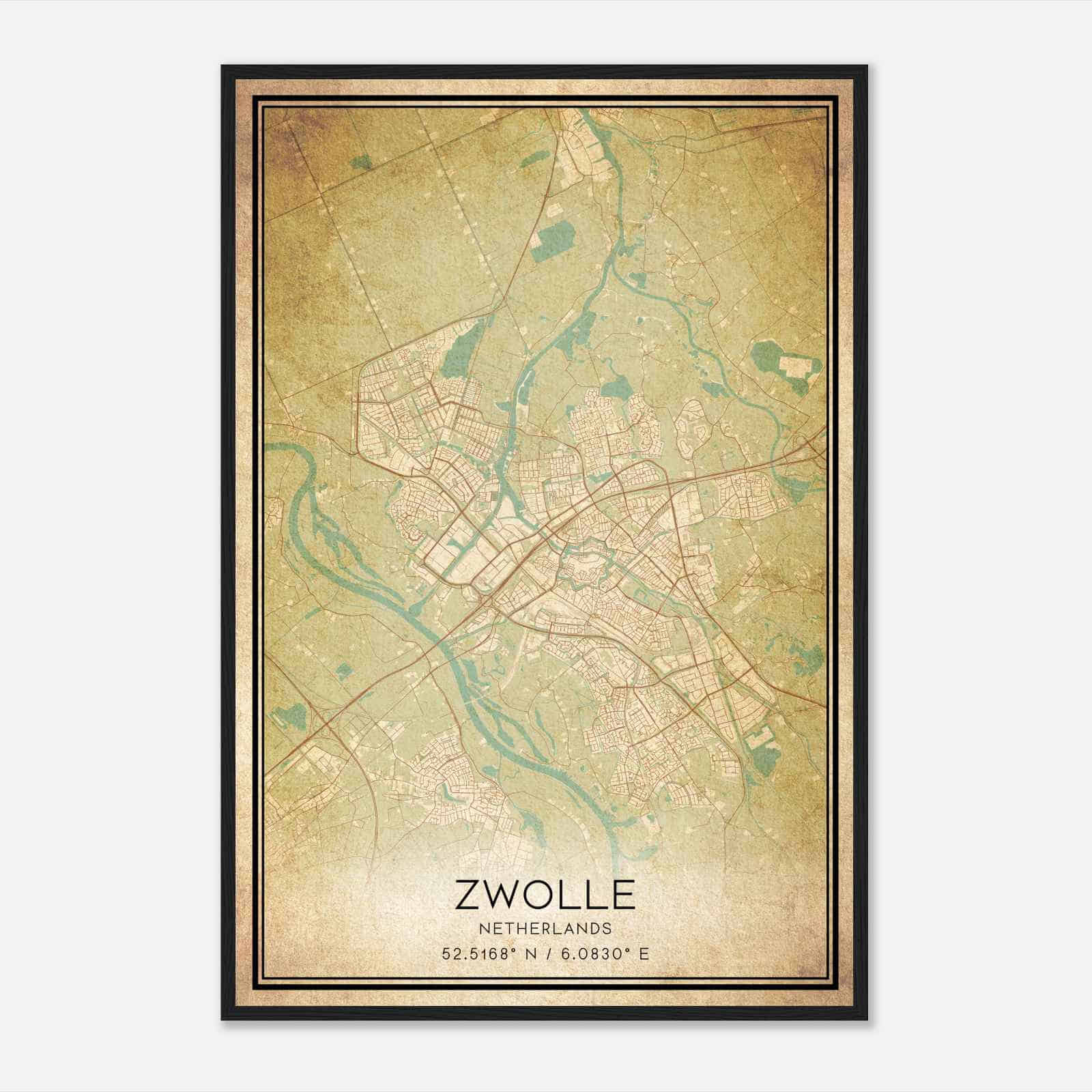 Vintage Zwolle Netherlands Map Poster, Zwolle City Road Wall Art Print