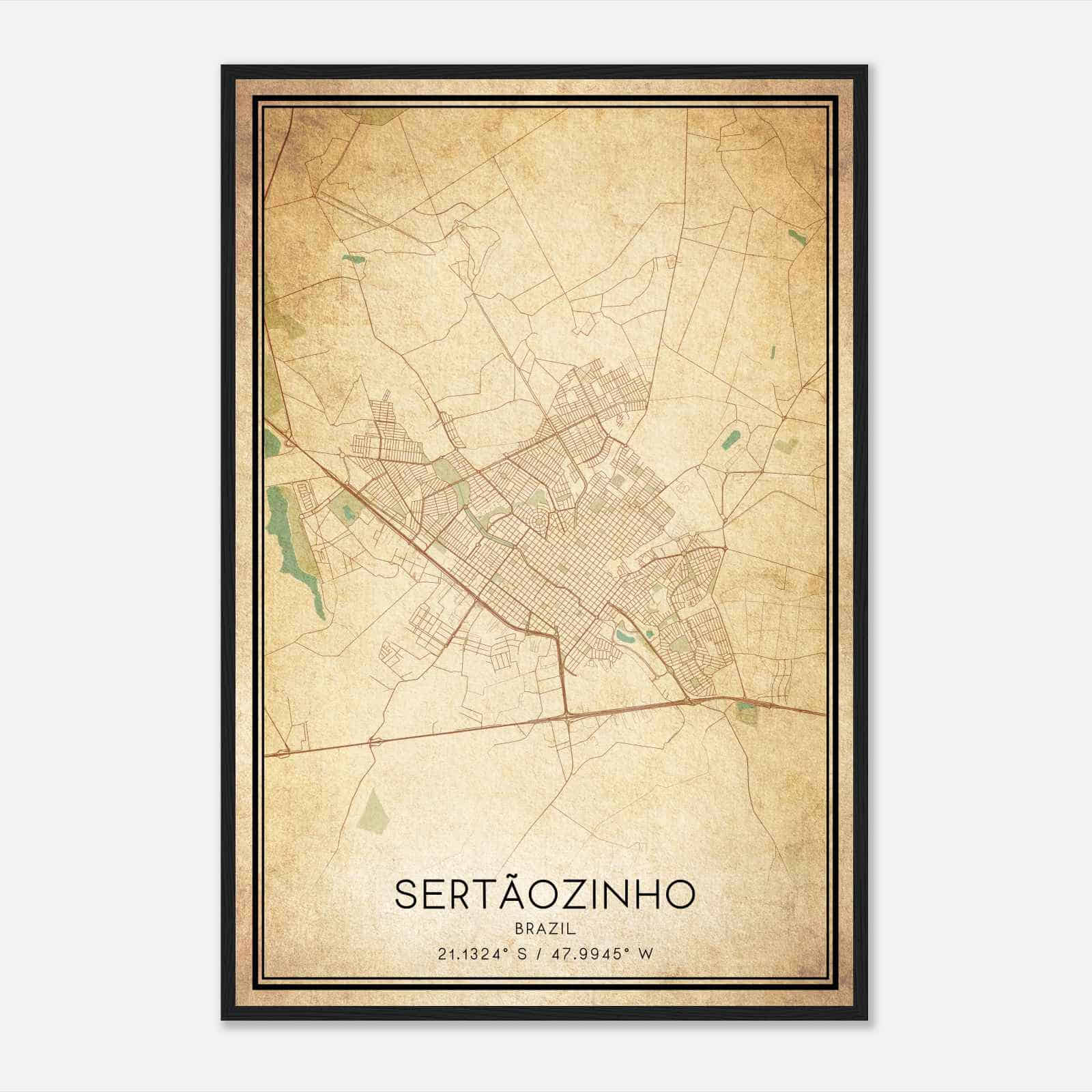 Vintage Sertaozinho Brazil Map Poster, Sertaozinho City Road Wall Art Print