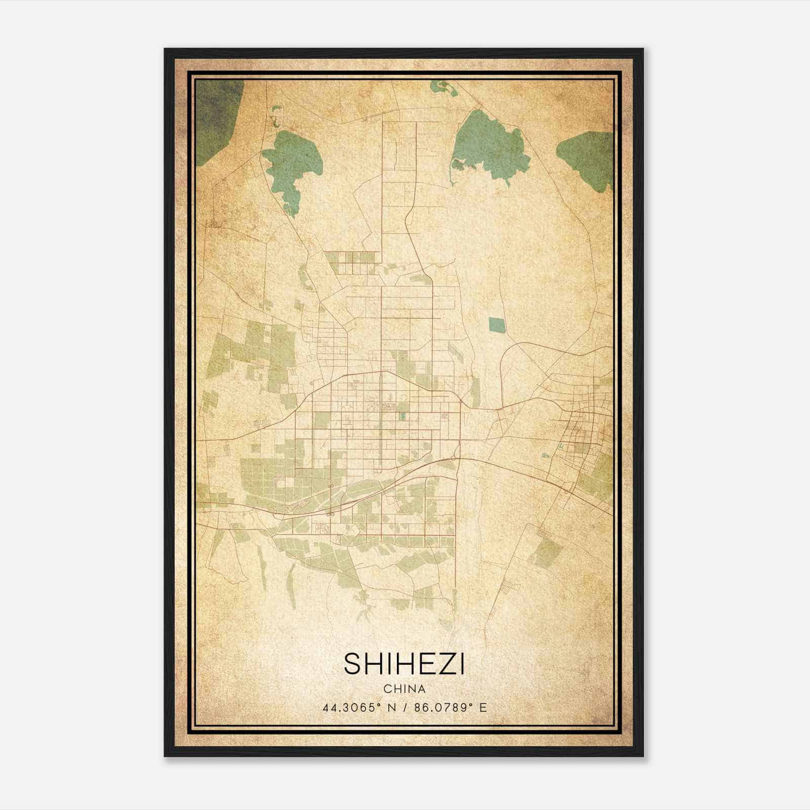 Vintage Shihezi China Map Poster, Shihezi City Road Wall Art Print