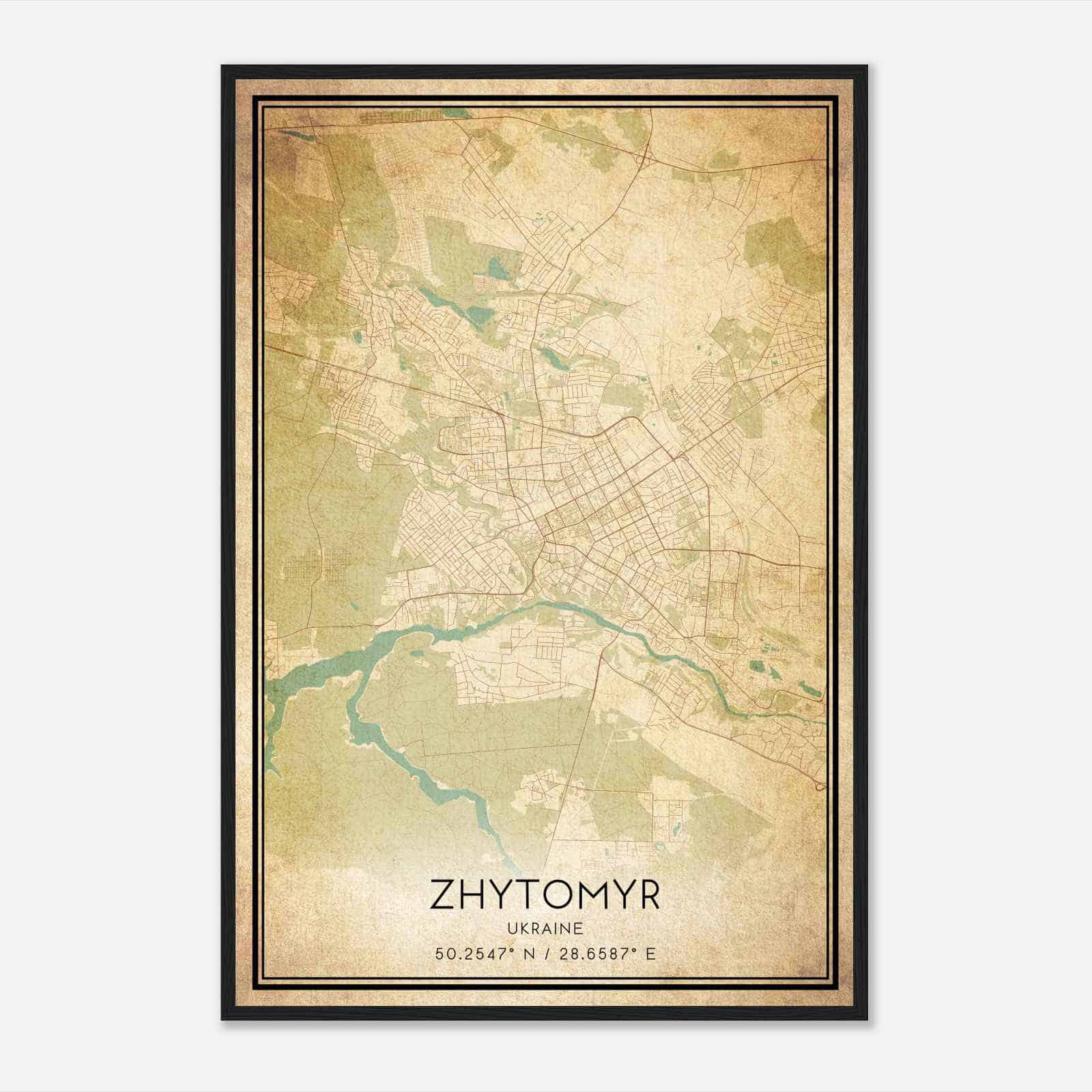 Vintage Zhytomyr Ukraine Map Poster, Zhytomyr City Road Wall Art Print