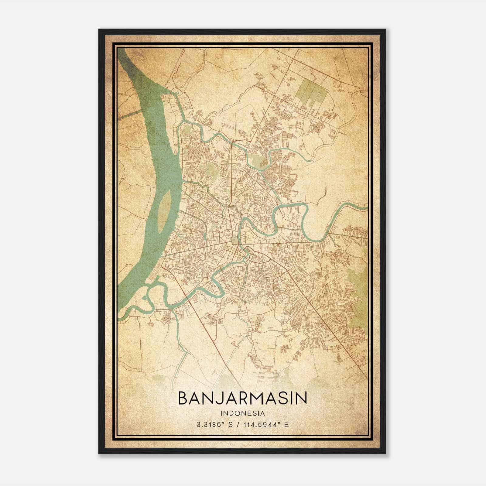 Vintage Banjarmasin Indonesia Map Poster, Banjarmasin City Road Wall Art Print