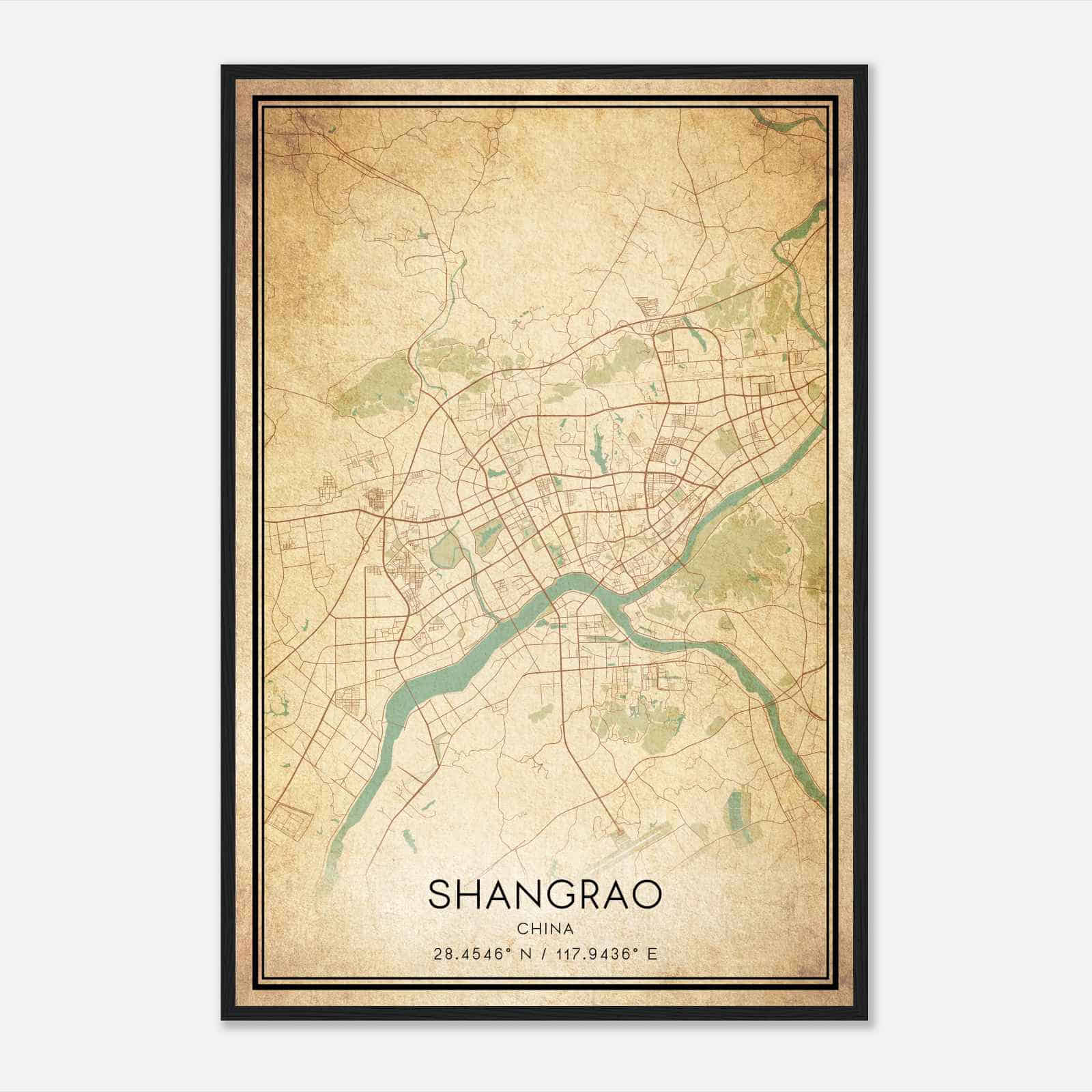 Vintage Shangrao China Map Poster, Shangrao City Road Wall Art Print