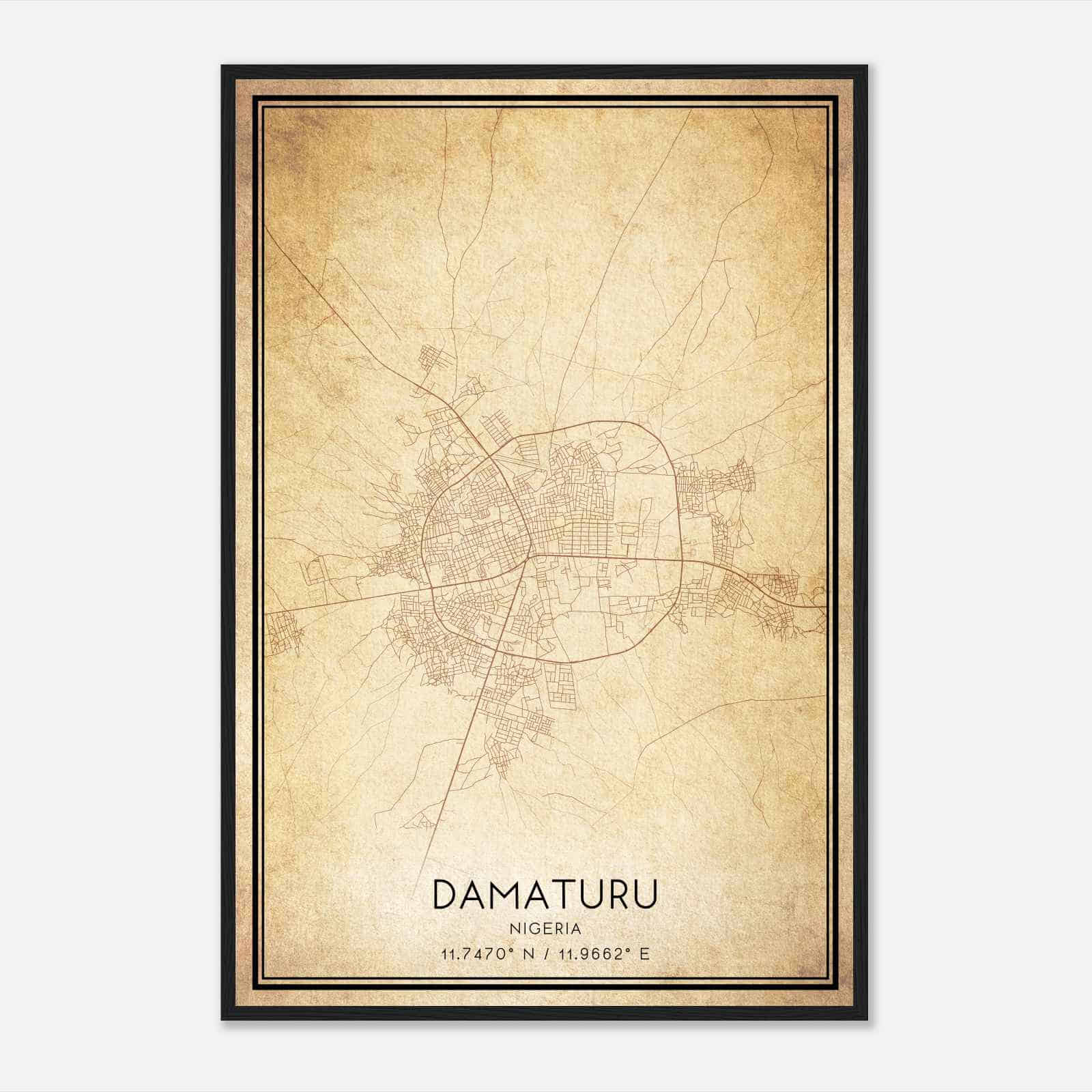 Vintage Damaturu Nigeria Map Poster, Damaturu City Road Wall Art Print