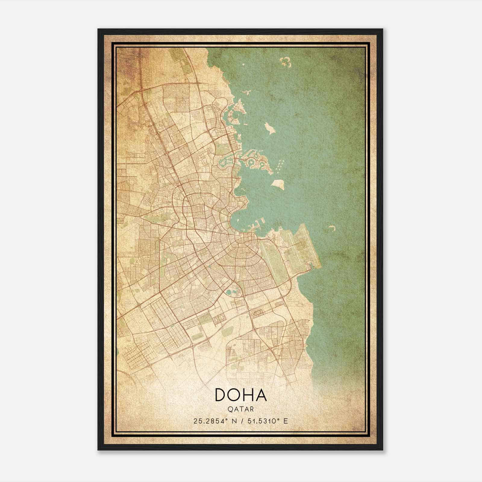 Vintage Doha Qatar Map Poster, Doha City Road Wall Art Print